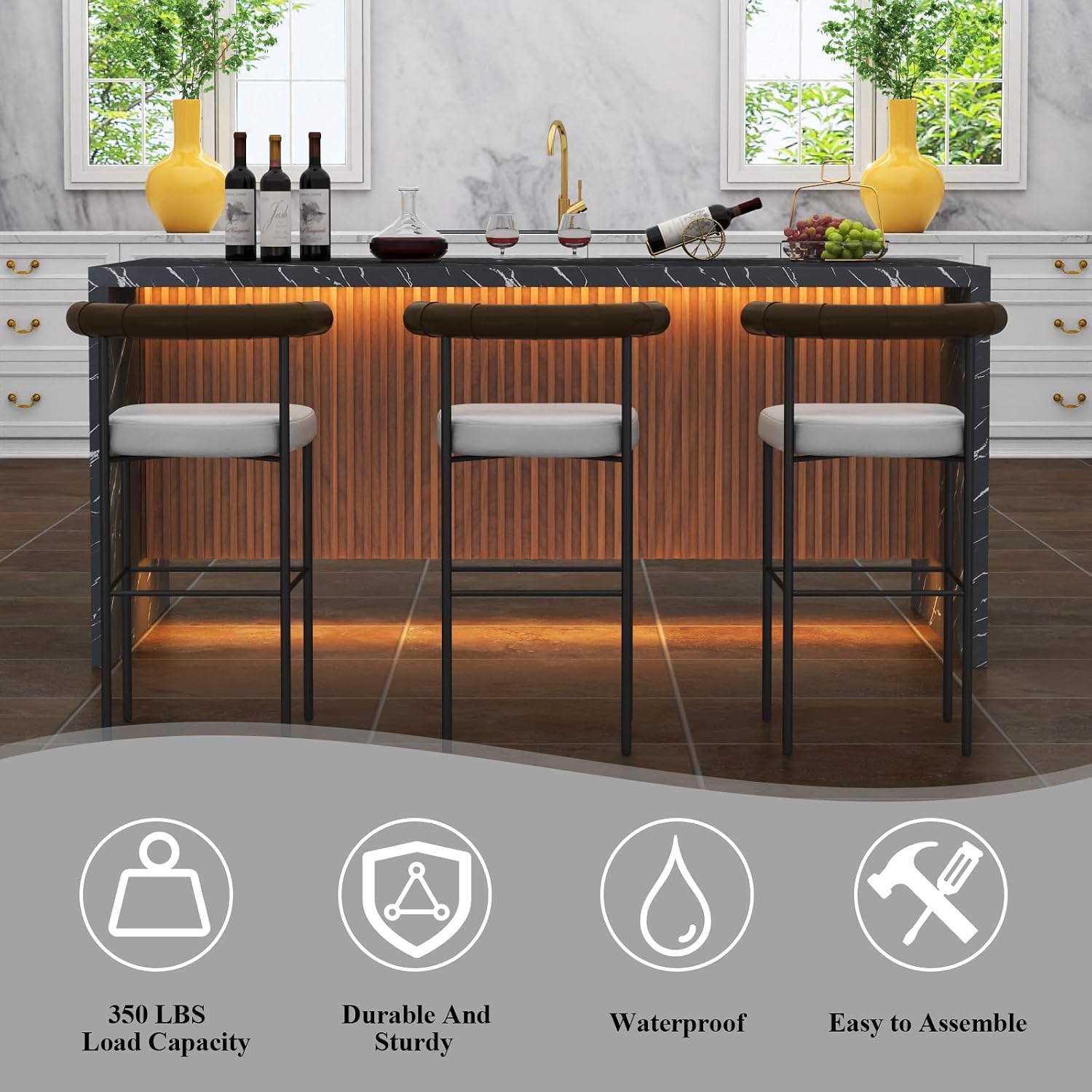 71' Large Imitation Marble Dining Table for 4-6 People, Island Table with LED Lights, Mordern Marble Stripes Kitchen Dining Table with Grille design for Dining Room, Home, Living Room (black)