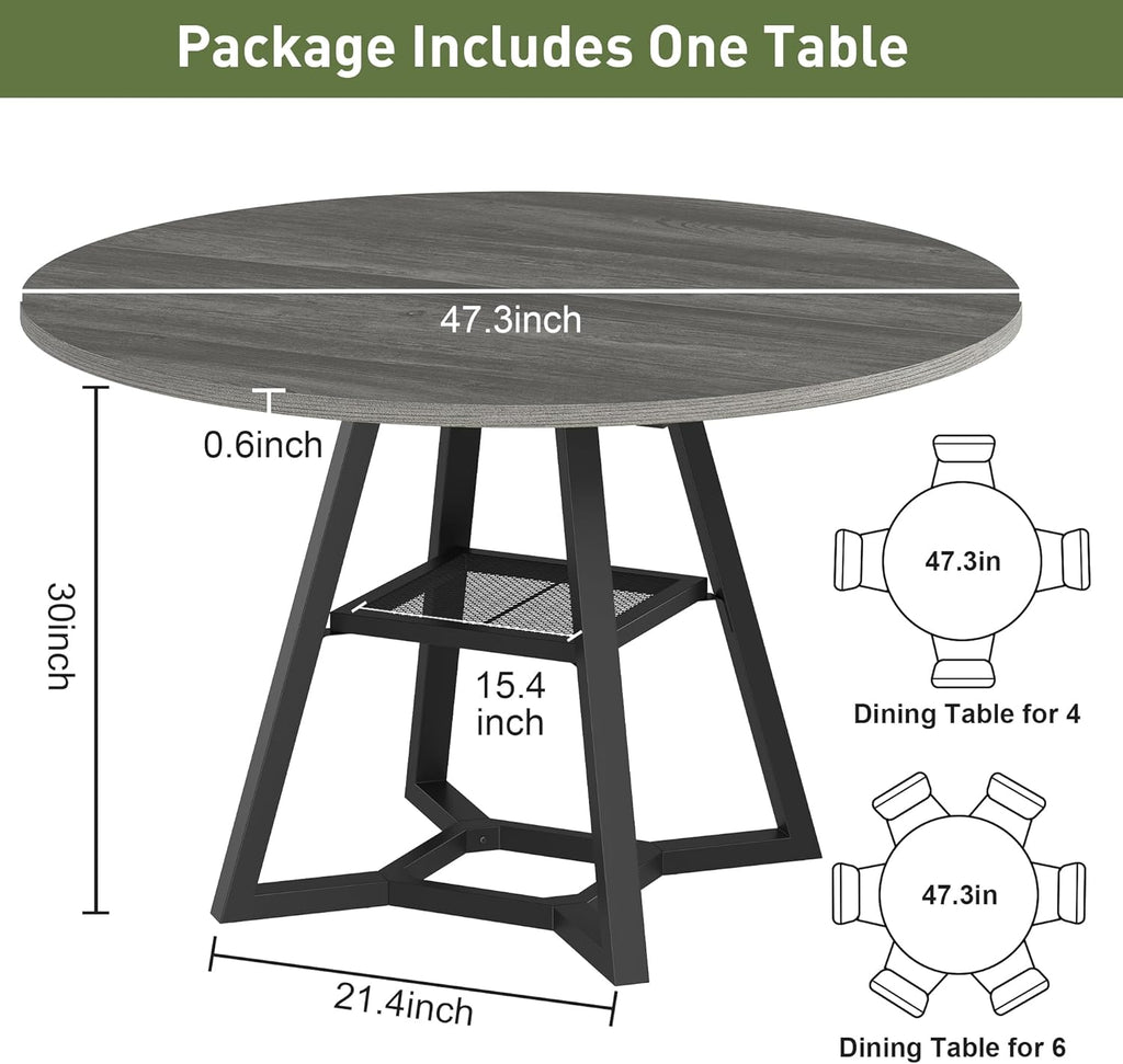 knoworld Round Dining Table for 4-6 with Storage Shelf, Kitchen & Dining Room Circle Pedestal Table,Heavy Duty Metal Frame & Wood Top