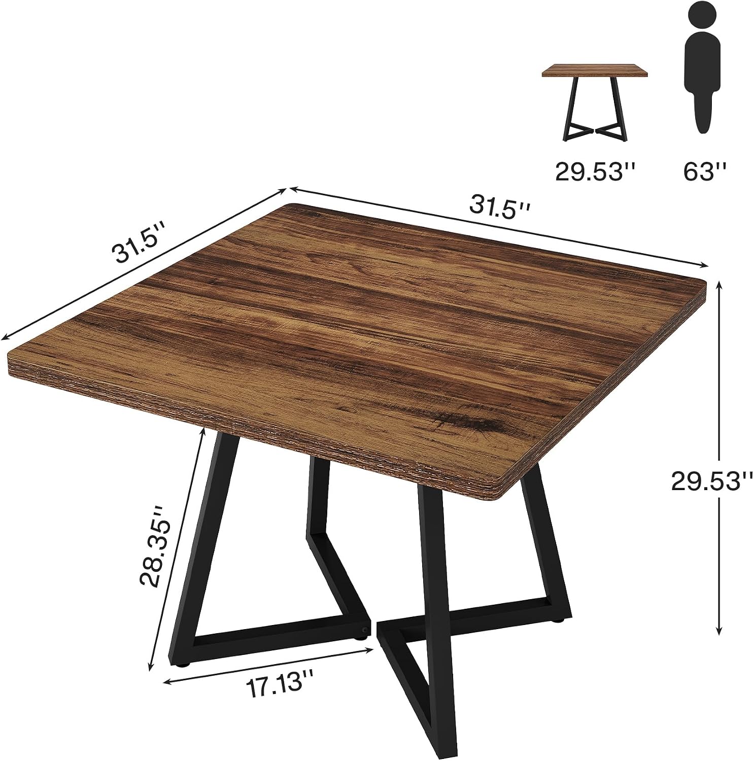 Tribesigns Square Commercial Dining Table Set of 6, 31.5' Heavy Duty Dinner Table with Metal Base, Wooden Kitchen Table for Restaurant, Cafe, Bakery, School, Apartment, Rustic Brown & Black