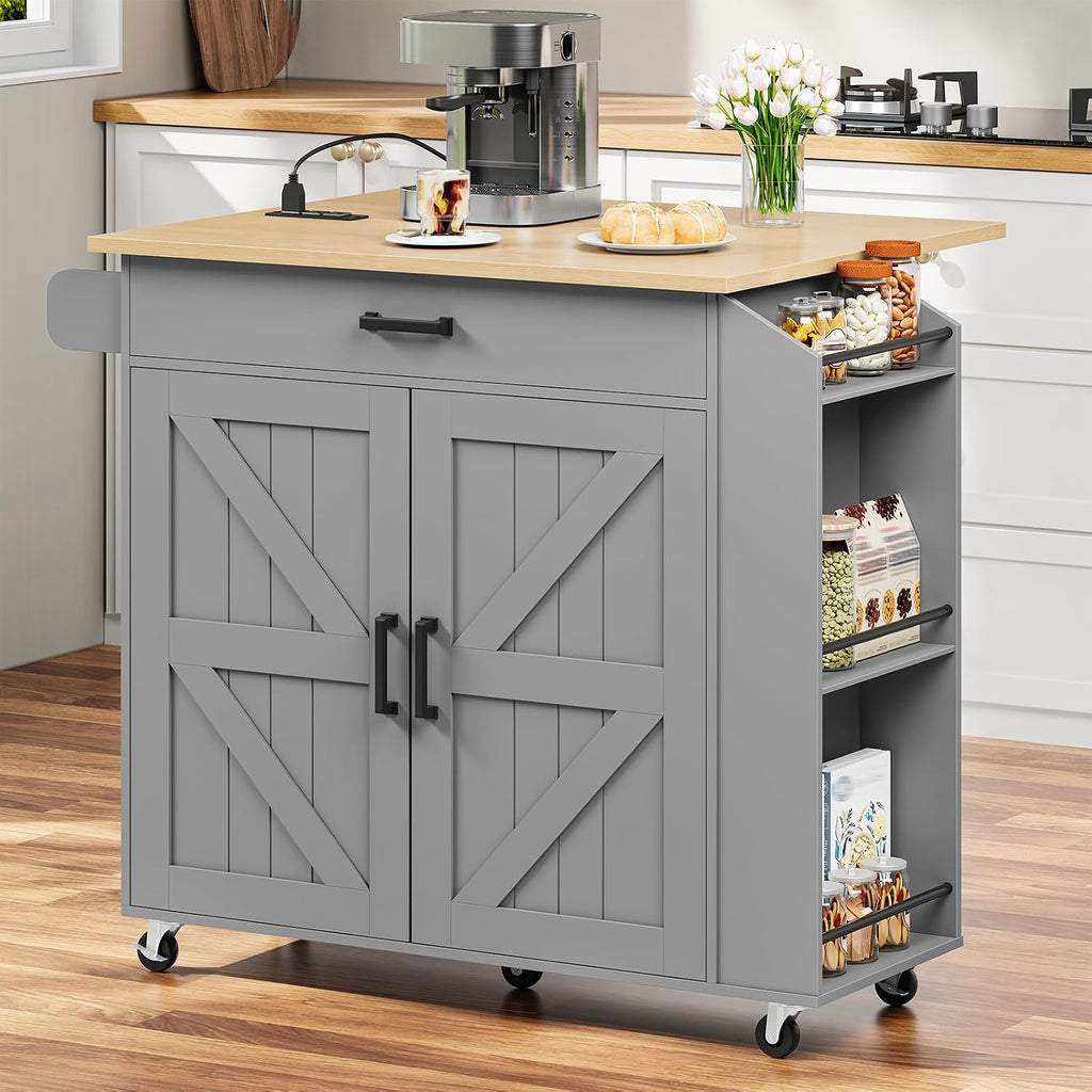 HOOBRO Kitchen Island with Drop Leaf Countertop & Power Outlet, Rolling Island Cart on Wheels, Kitchen Cart with Drawer & Spice Rack, Mobile Island Table for Kitchen, Natural and Grey GN86UZD01