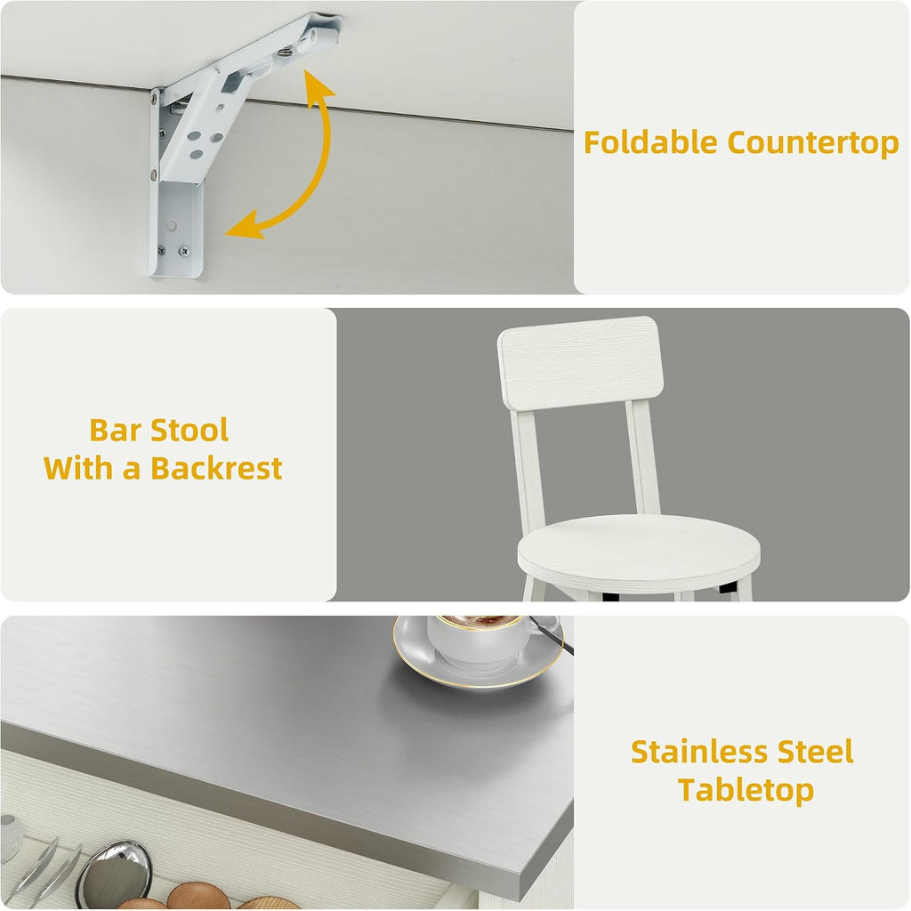 DWVO Kitchen Island with Seating, Mobile Kitchen Storage Island with Drop Leaf Countertop, Large Kitchen Island Table with Drawers, Cabinets, Bar Stools, Towel Rack and Spice Rack, White