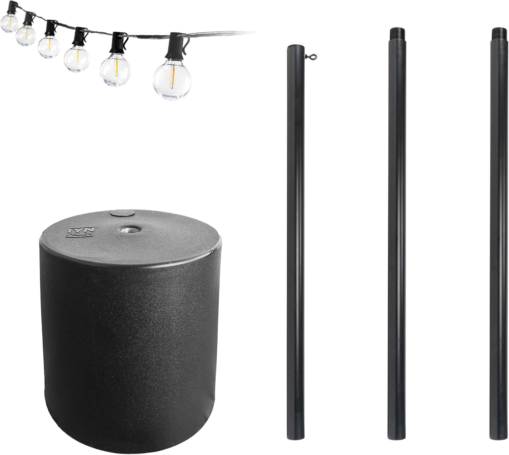 Outdoor String Light Pole Stand with 25 ft G40 Bistro String Lights - 9.5 Feet, Black, Heavy-Duty with Freestanding Tank Base for Grass, Patio, Deck, Events