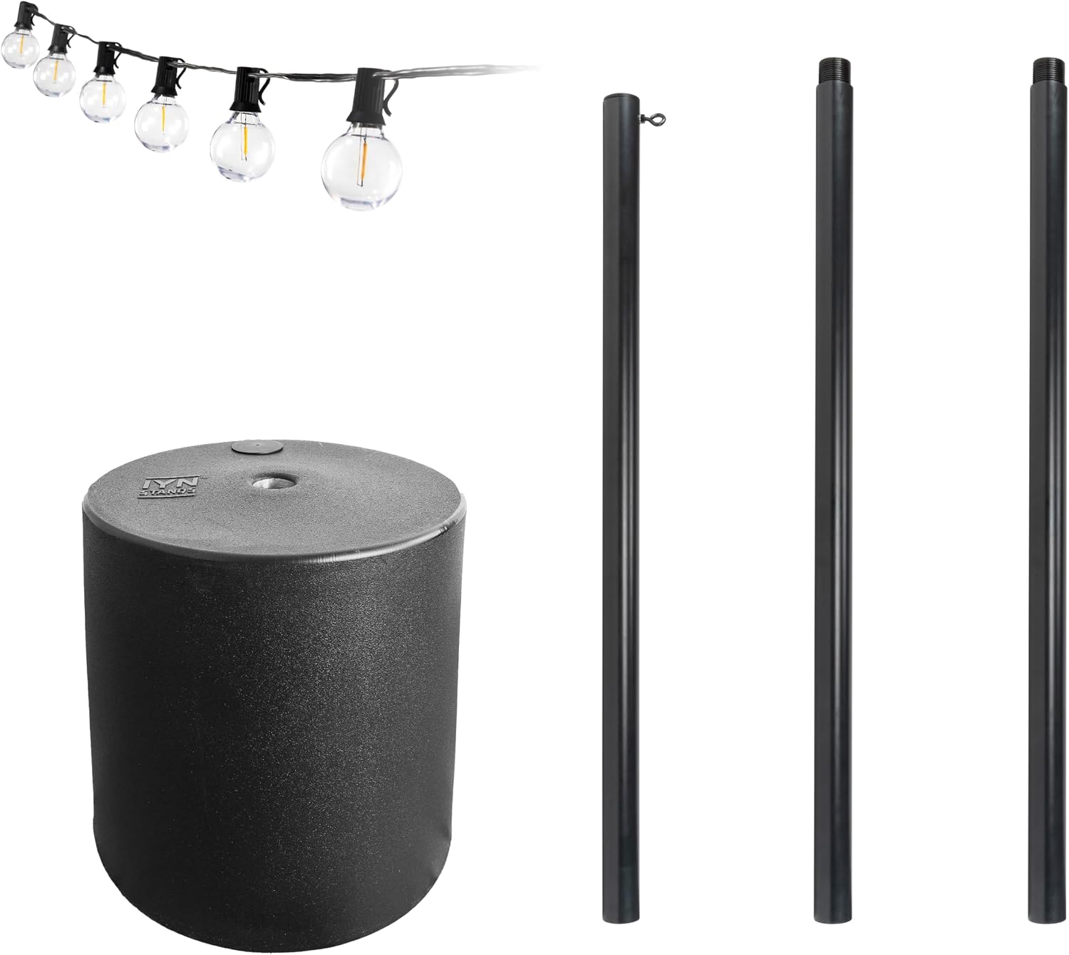 Outdoor String Light Pole Stand with 25 ft G40 Bistro String Lights - 9.5 Feet, Black, Heavy-Duty with Freestanding Tank Base for Grass, Patio, Deck, Events
