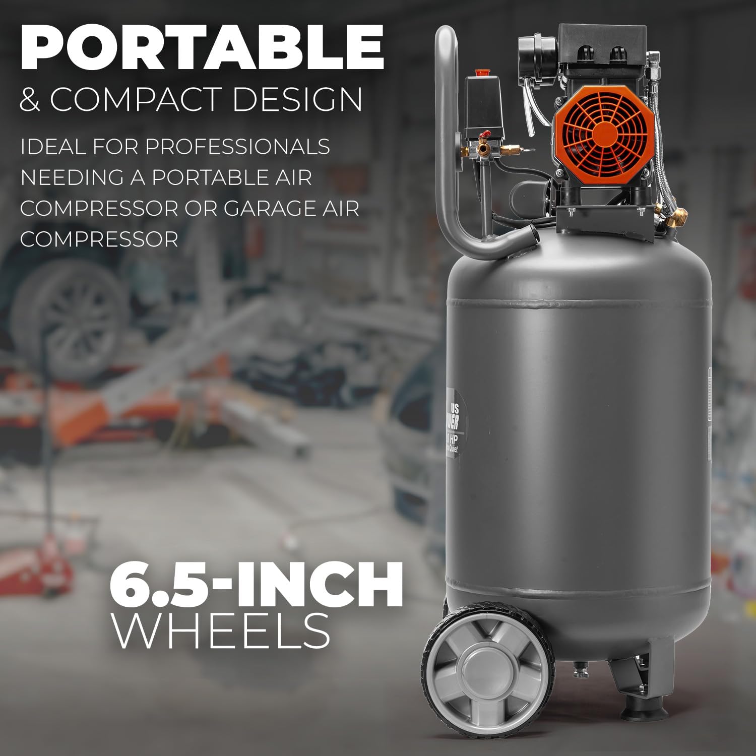 XtremepowerUS 13-Gallon Air Compressor, 2HP 1450W, 4.9CFM@90PSI, Oil-Free Quiet Tank, 65dB Low Noise, Portable with Wheels, Max 116PSI