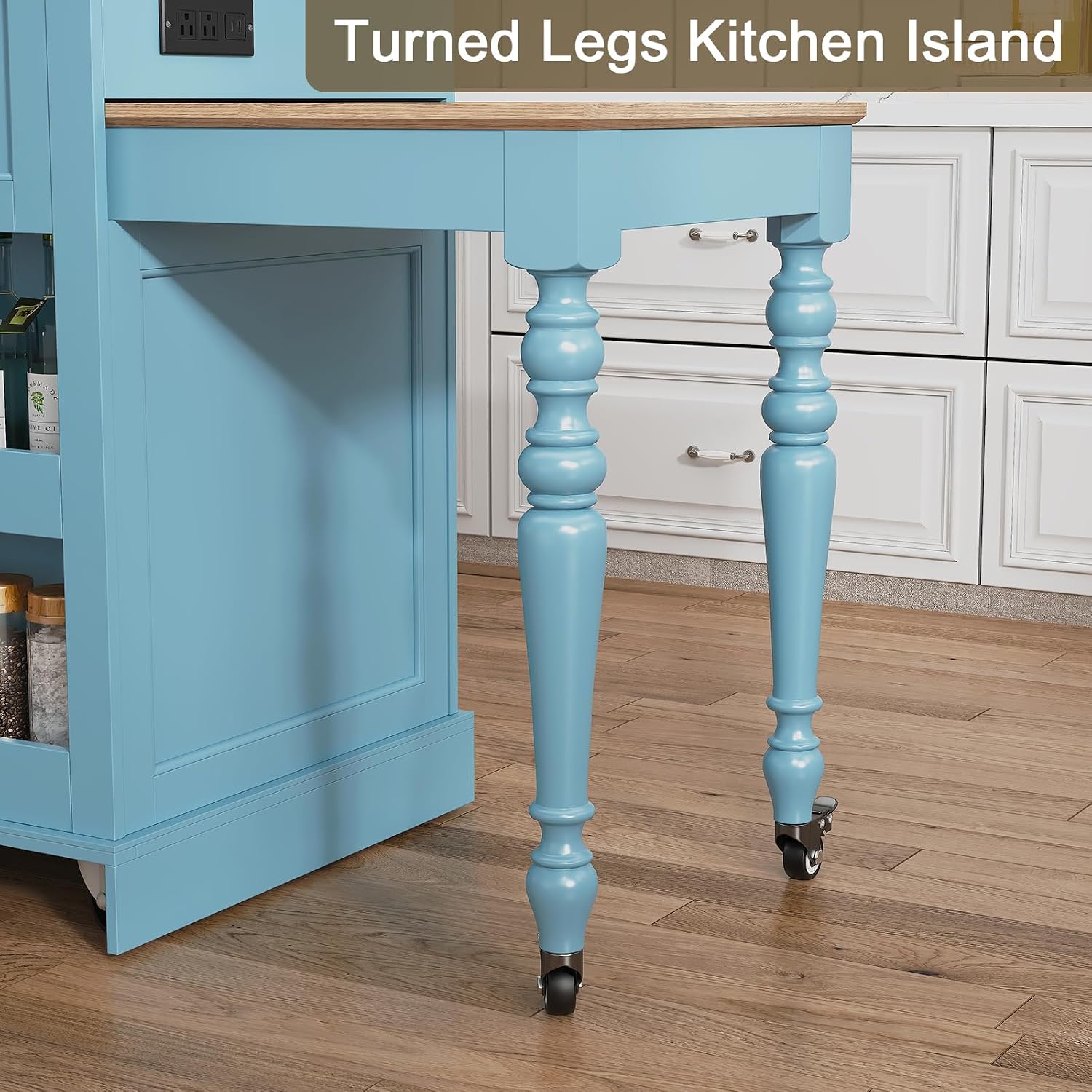 HLR 72' Kitchen Island with Extendable Table for 2-4, Island Table for Kitchen with Power Outlet and Storage Slide Out Legs, Rolling Islands Cart with 2 Doors (Blue)