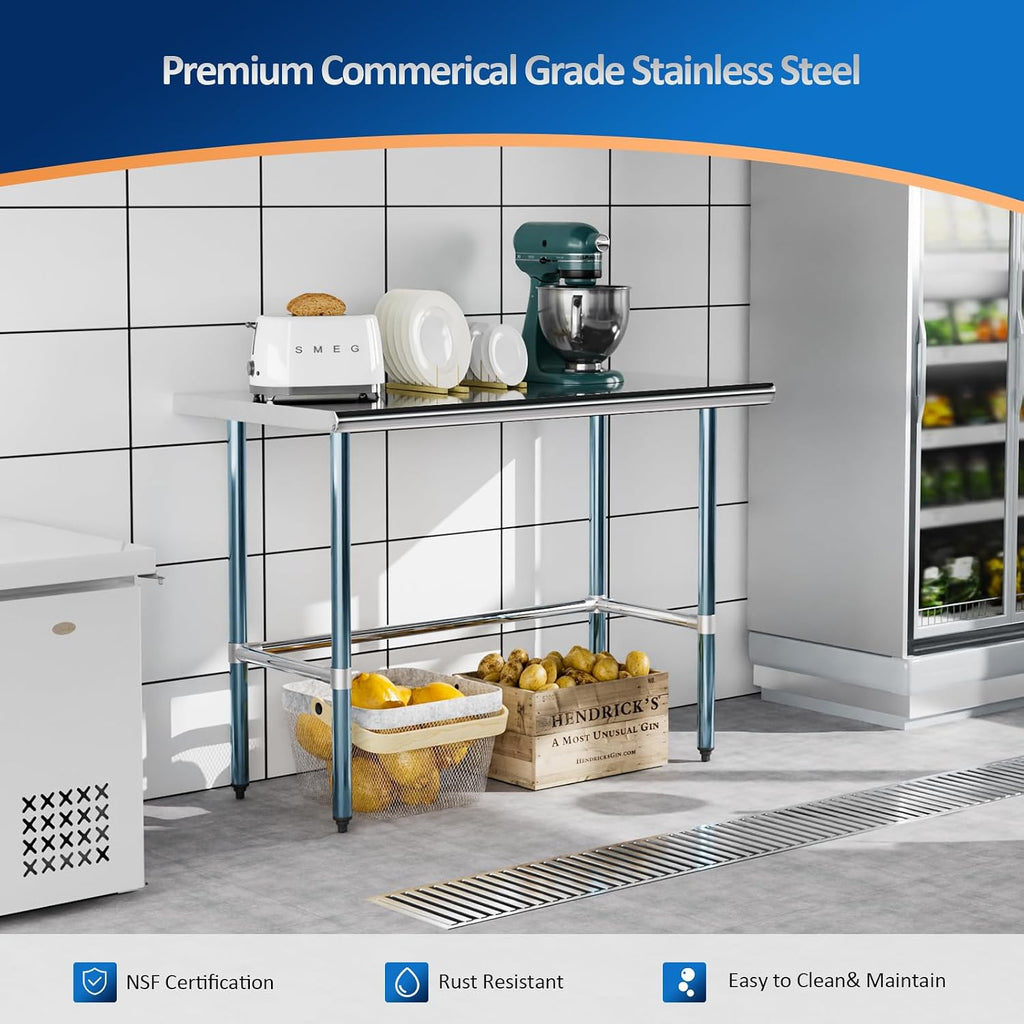 ROVSUN Open Base Stainless Steel Table 48 x 24 Inches, NSF Commercial Heavy Duty Prep & Work Table,Metal Table for Kitchen, Restaurant, Home, Hotel, Garage, Laundry