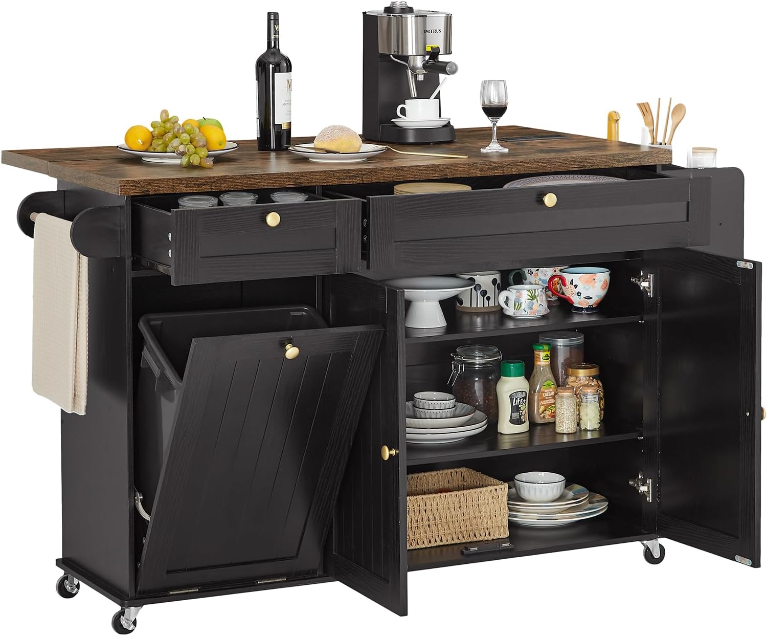 60' Kitchen Island with Power Outlet & Drop Leaf, Kitchen Rolling Island with Spice Rack & Towel Rack, Knife Holder, Kitchen Island Cart with Trash Storage Cabinet, Mobile Island Table for Kitchen