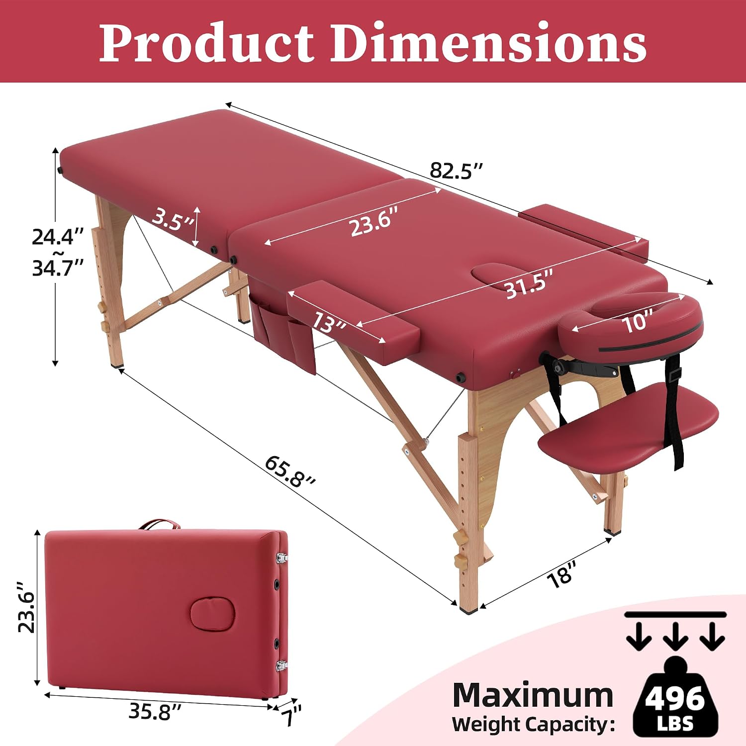 civama Massage Table Massage Bed Portable, 29 LBs Light Weight Foldable Tattoo Facial Care Spa Lash Bed Aluminum Frame with Accessories Carrying Bag, Burgundy