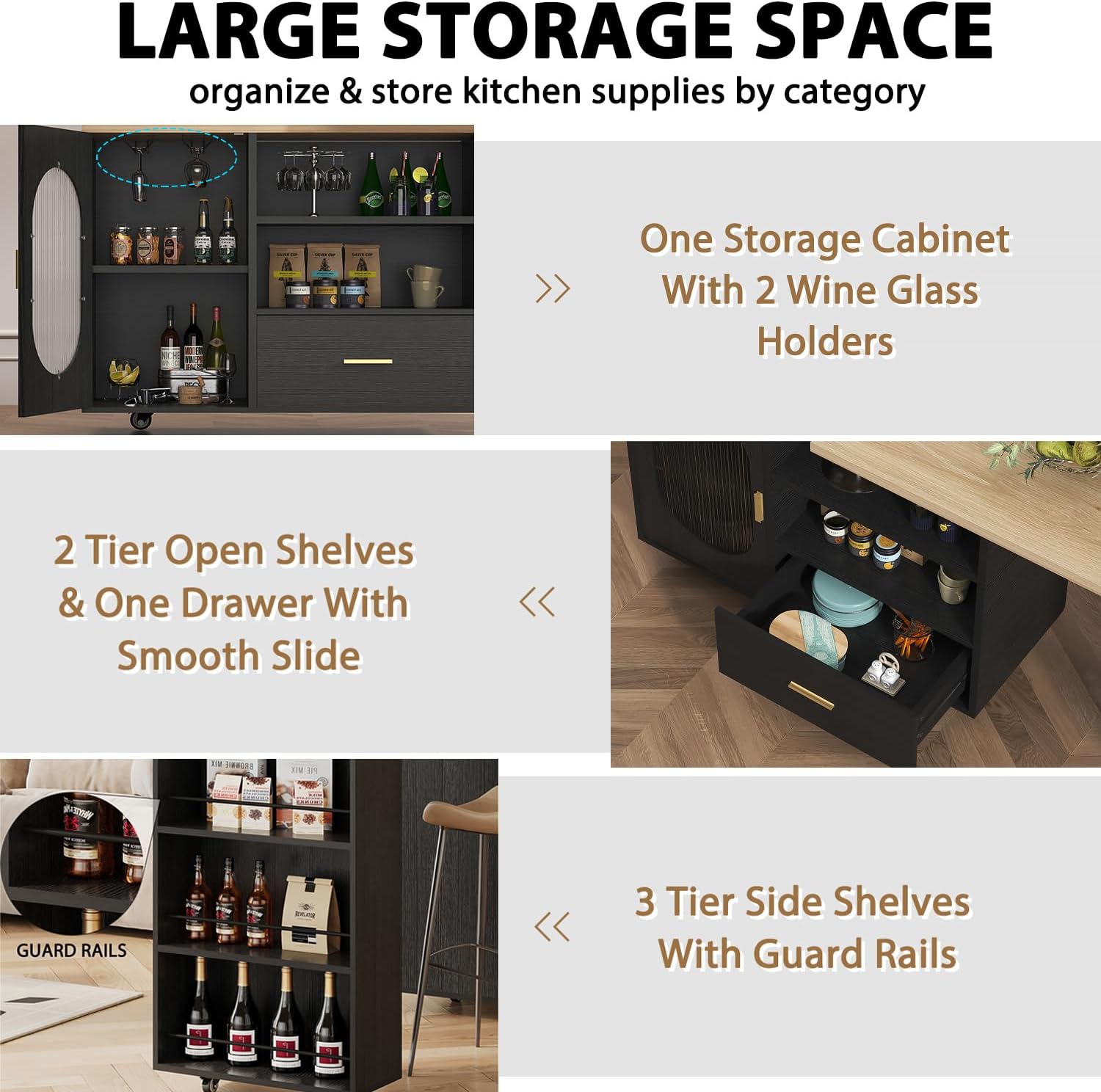 HSH 72' Rolling Kitchen Island with Seating, 360° Swivel Table, Kitchen Island with Storage Cabinet, Drawer & Shelves, Farmhouse Mobile Island Cart on Wheels for Dining Room & Home Bar, Black Oak