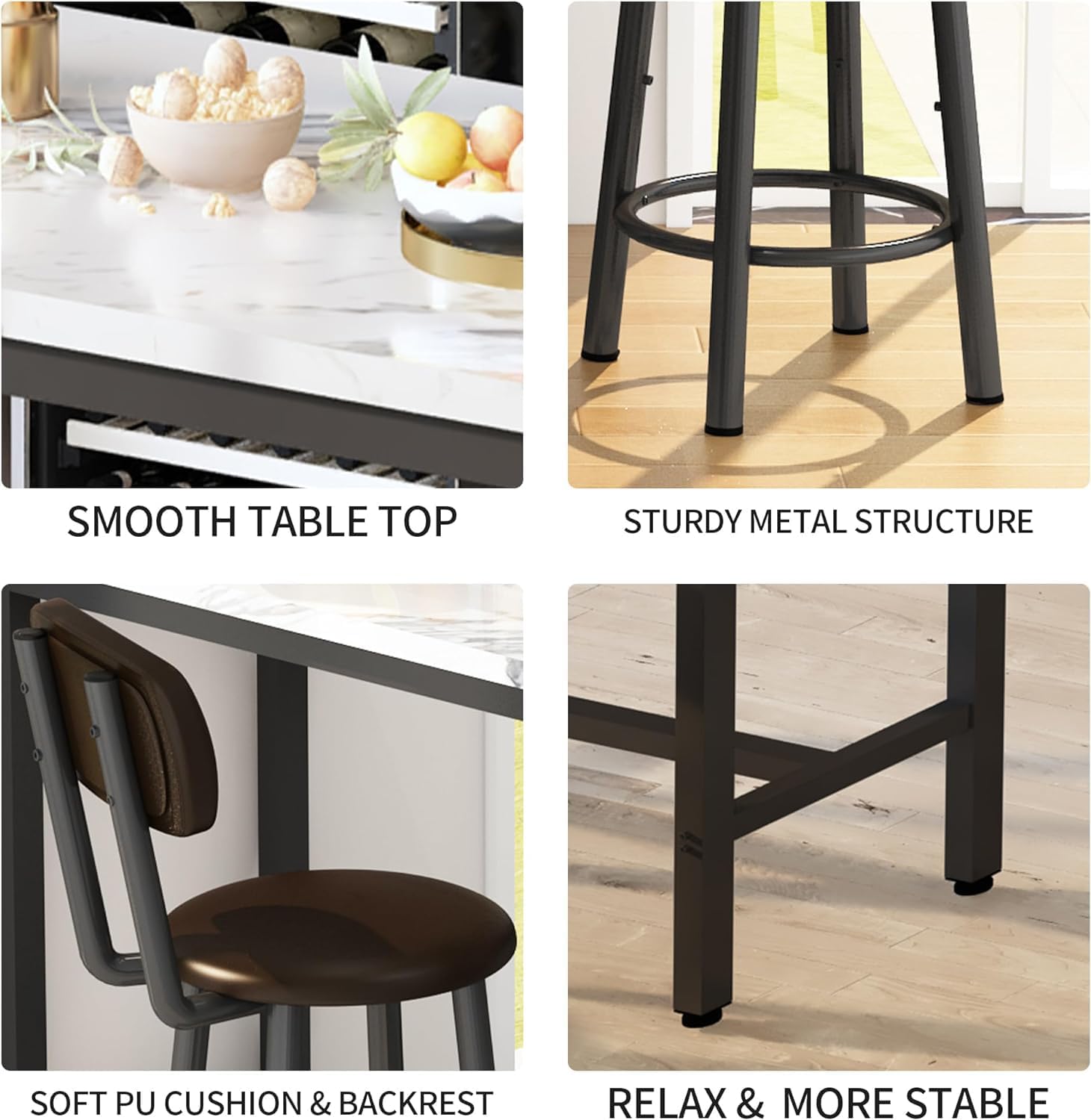 AWQM 3 Piece Bar Table Set of 2,39.3' Pub Bar Table and Chairs Set,Faux Marble Bar Height Table with 2 Backrest Stools,Small Dining Table for 2,Kitchen Table Set for Small Space,White & Brown(2 Set)