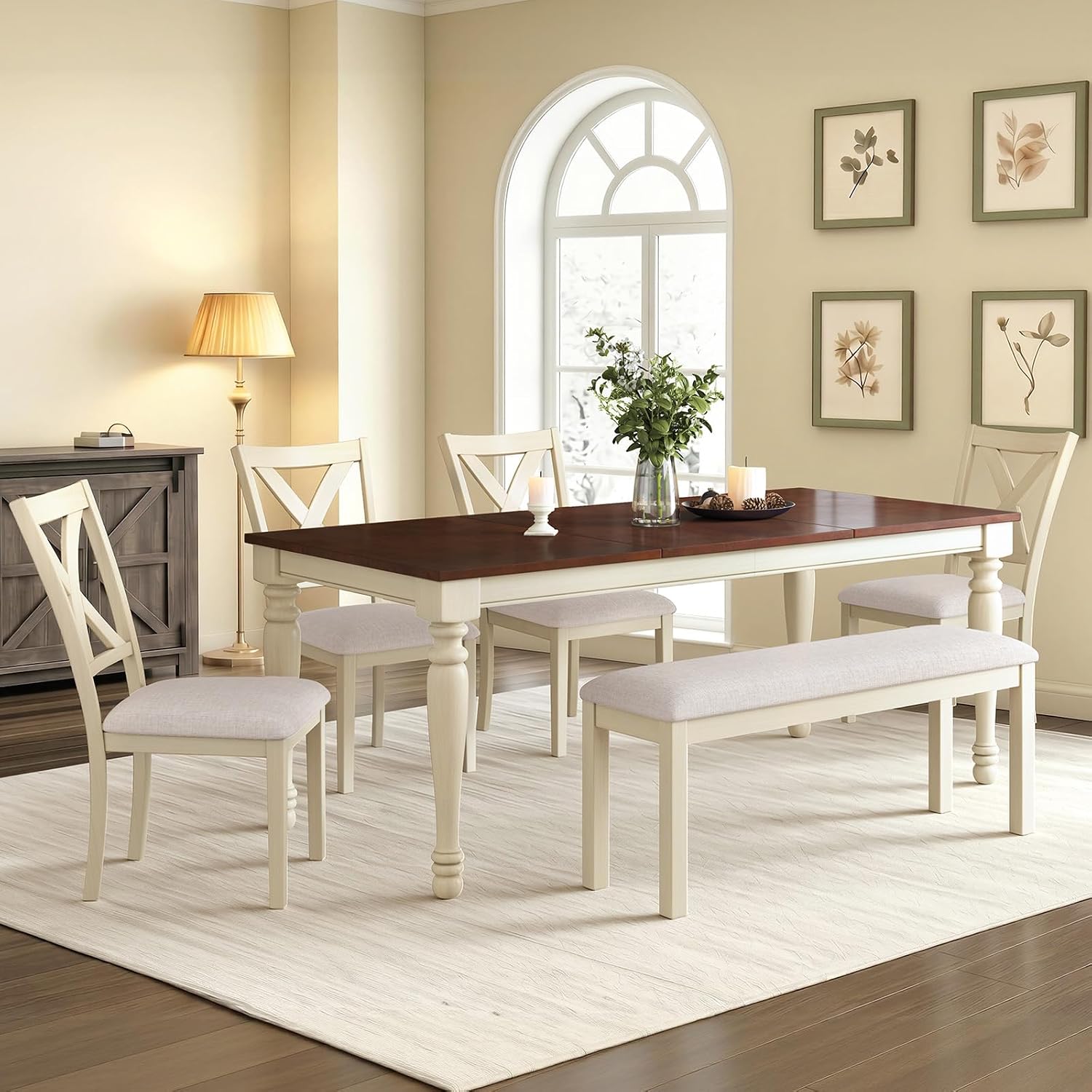 LUXOAK 6-Piece Solid Wood Dining Table Set, 71' Farmhouse Kitchen Table with 4 Upholstered Chairs and Bench, Large Dining Room & Kitchen Furniture Set, Cream White