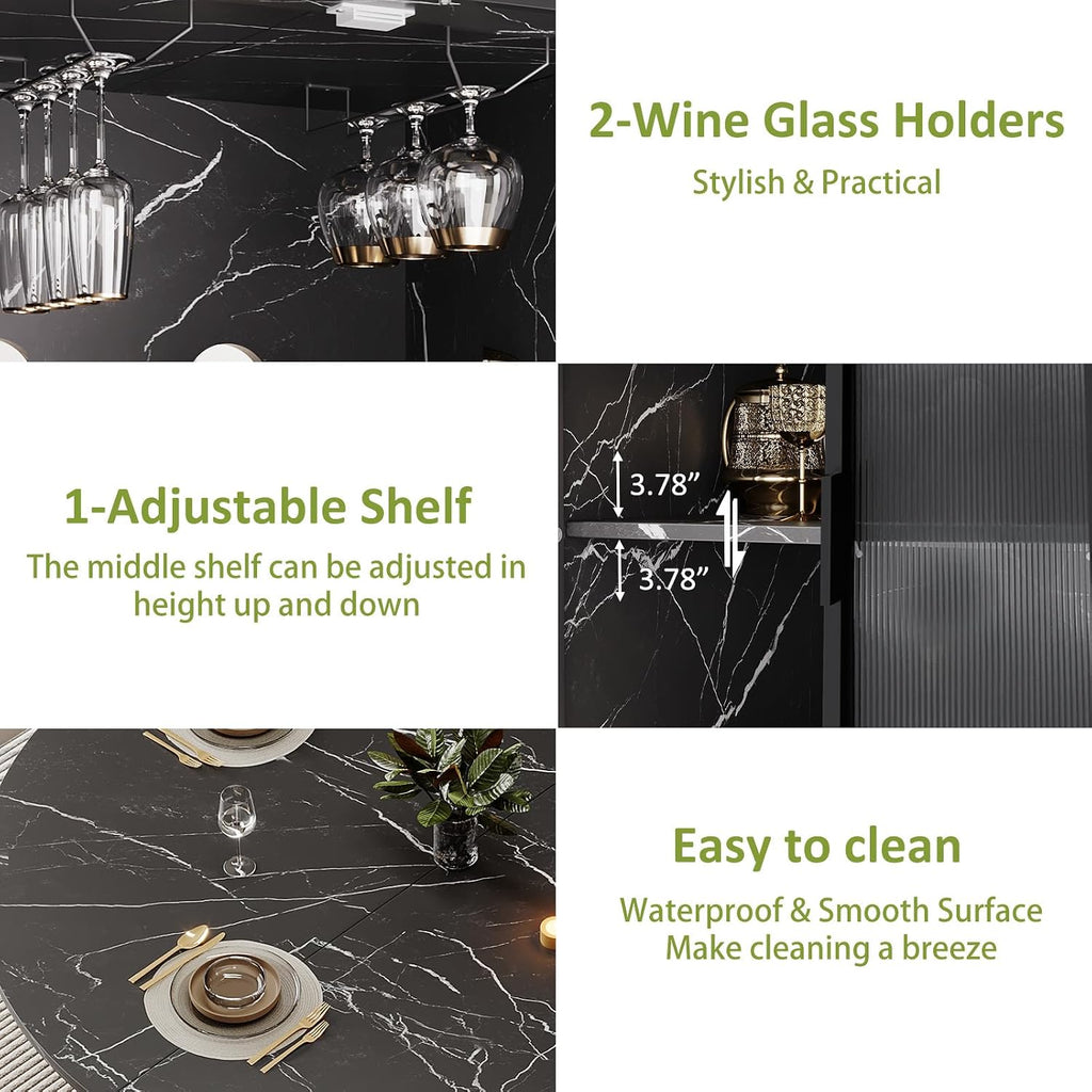 IBF Round Dining Table with Storage, Black Faux Marble Kitchen Tables for 4-6 People, 47' Modern Dining Room Tables with Fridge Space, Wood Circle Dinner Table for Home, Black Marble, Only Table