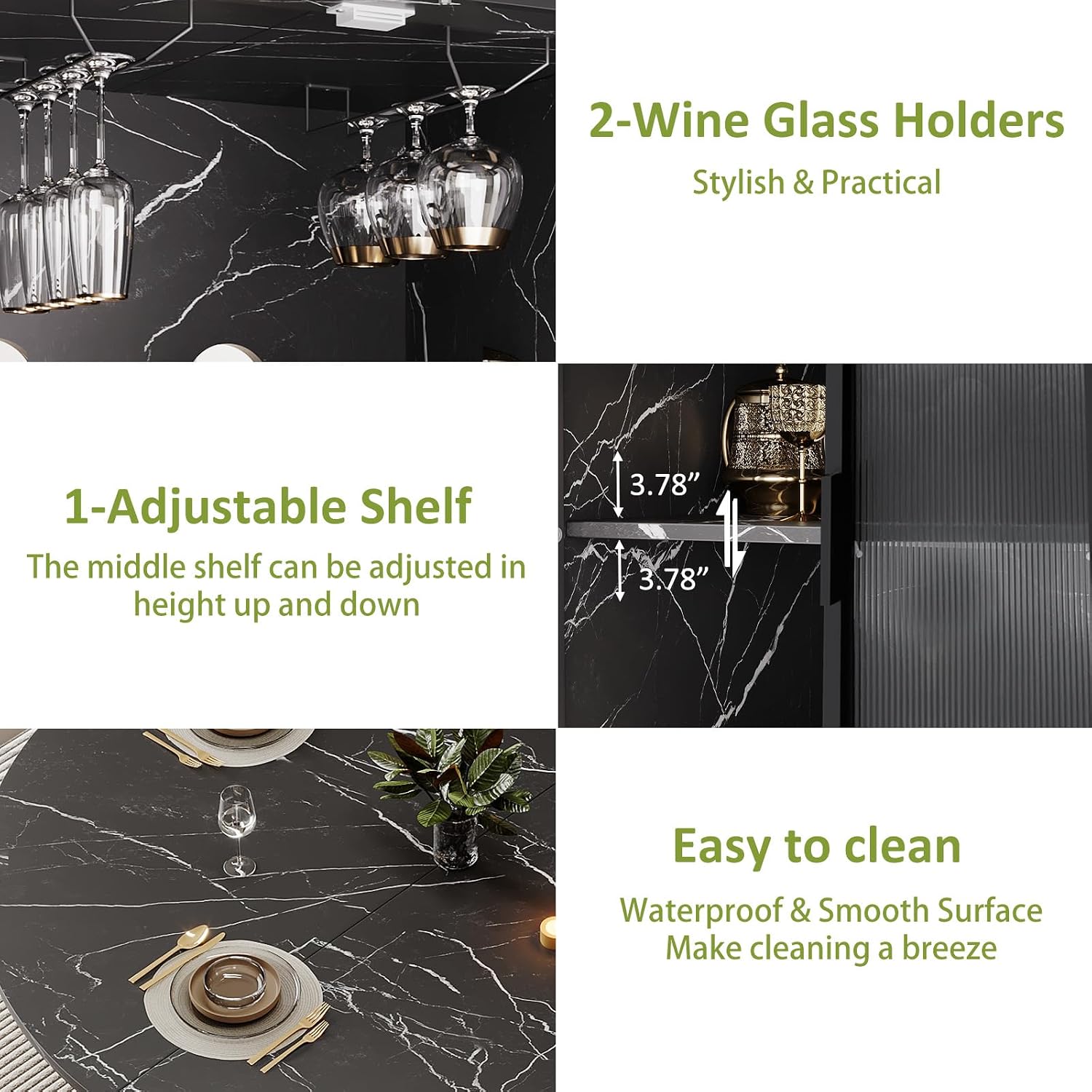 IBF Round Dining Table with Storage, Black Faux Marble Kitchen Tables for 4-6 People, 47' Modern Dining Room Tables with Fridge Space, Wood Circle Dinner Table for Home, Black Marble, Only Table