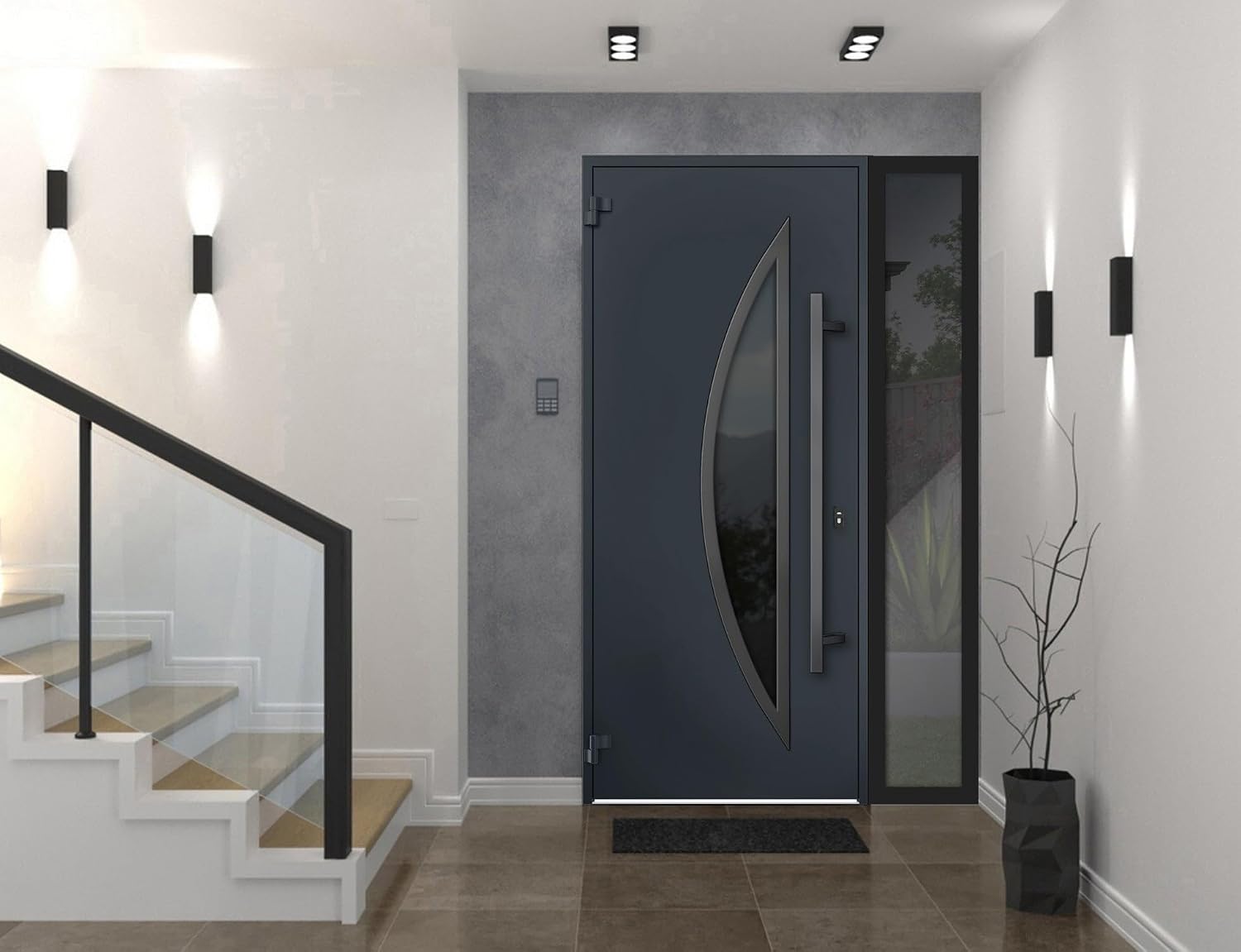 VDOMDOORS Front Exterior Prehung Steel Door/Deux 6501 Anthracite/Side Exterior Window/Stainless Inserts Single Modern Painted-W36+16' x H80-Right-hand Inswing