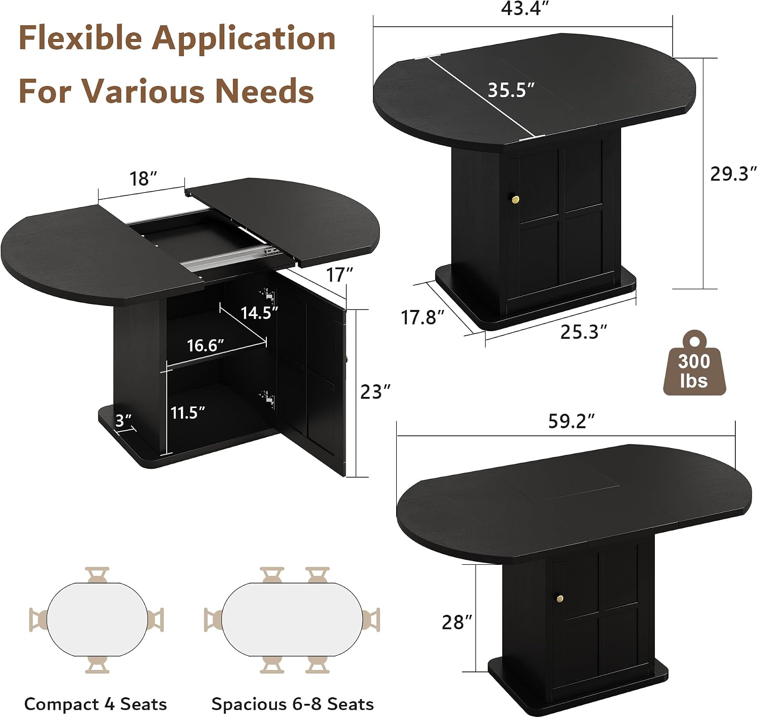 iPormis Round Dining Table for 4-6, 59'' Extendable Dining Room Kitchen Table with 2-Tier Storage Shelf, Wood Dinner Table with Door, Sturdy Pedestal Base, Space Saving, Kitchen, Dining, Black