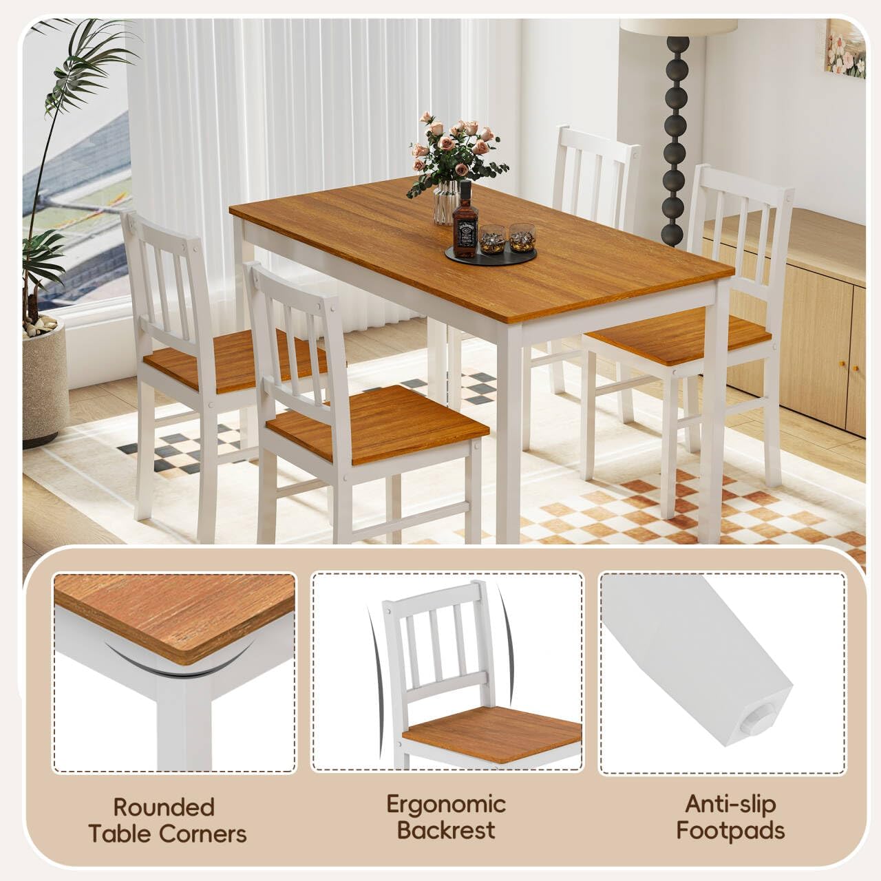 5-Piece Dining Table Set for 4, Solid Wood Farmhouse Rectangular Kitchen Table Set with 4 Chairs, Space-Saving Wooden Dinette Set for Small Space, Dining Room, Breakfast Nook, Brown & White