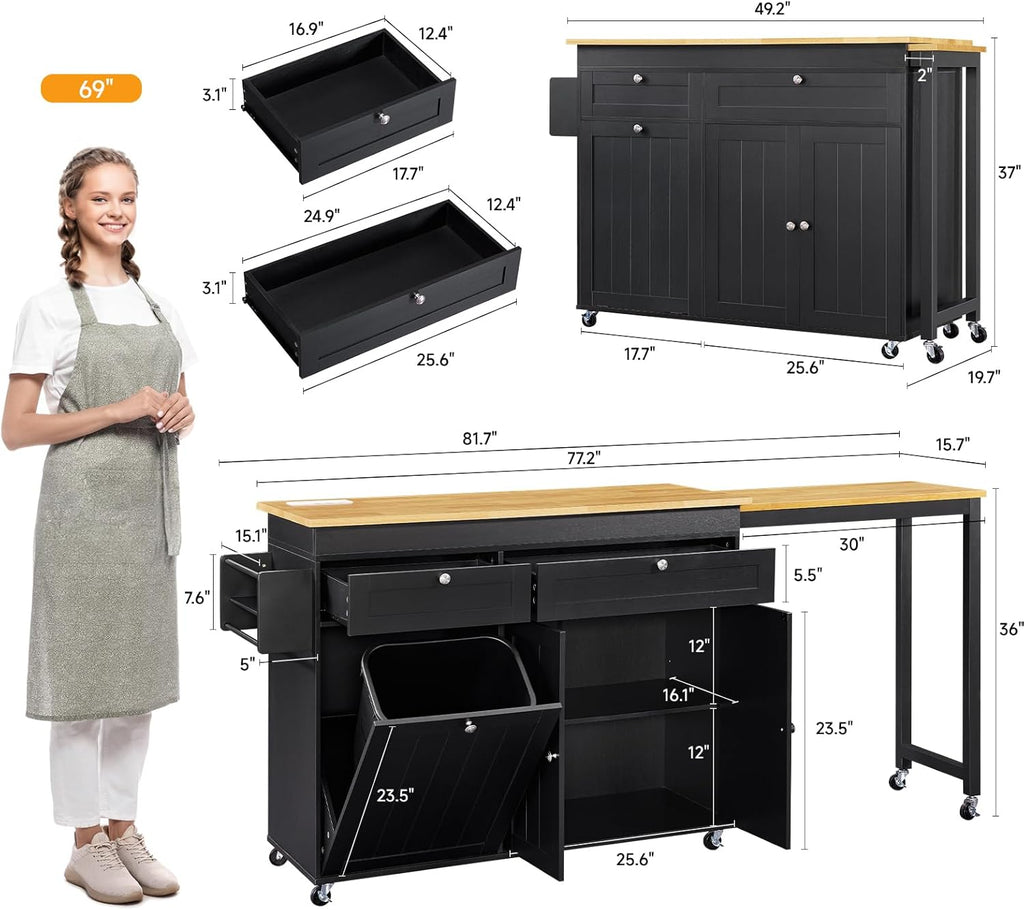 ONBRILL Kitchen Islands with Extendable Dining Table, 81.7' Mobile Kitchen Storage Islands, Rolling Kitchen Cart with Trash Cabinet, Power Outlet, Spice Rack & Towel Rack (Black)