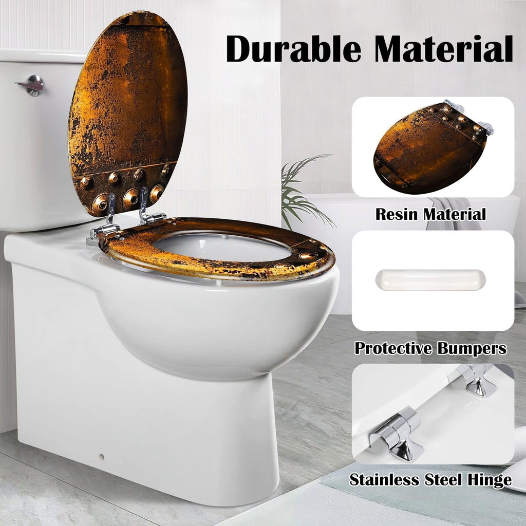 Elongated Toilet Seat Scratched Copper Rivets Resin Toilet Seat Slow Quiet Close with Quick-Release Hinges Toilet Seat with Cover Easy to Clean Install
