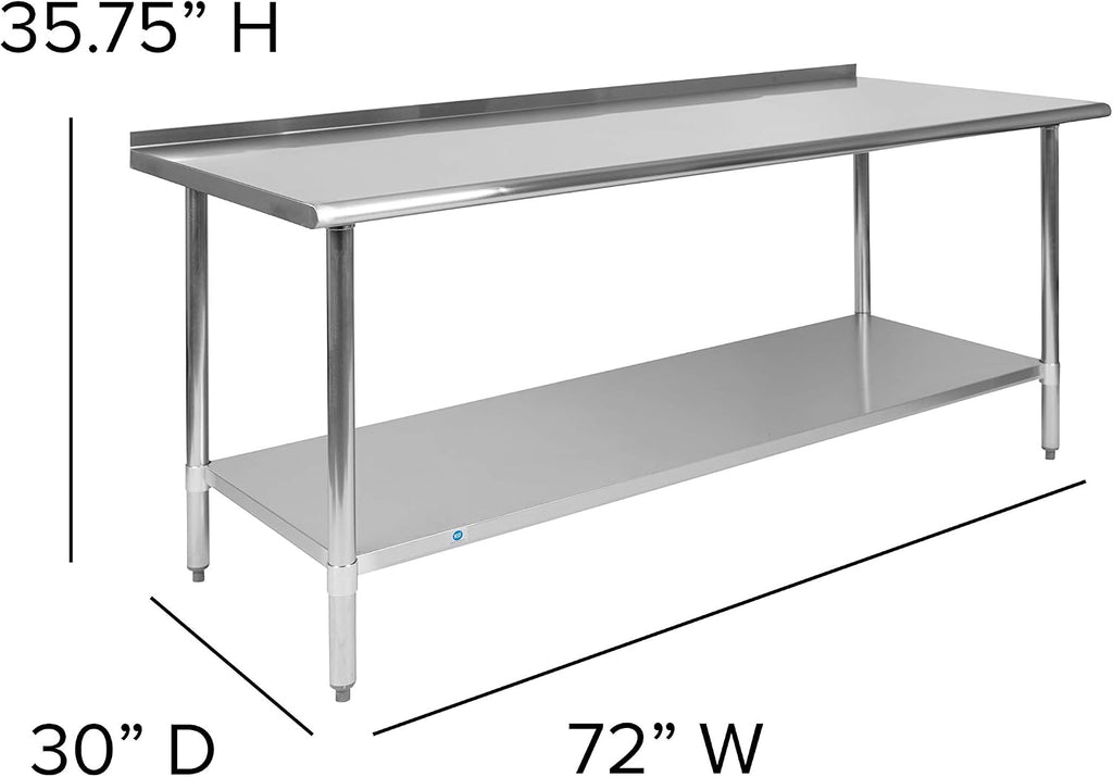 Flash Furniture Reader Stainless Steel 18 Gauge Prep and Work Table with 1.5' Backsplash and Undershelf - NSF Certified - 72'W x 30'D x 36'H