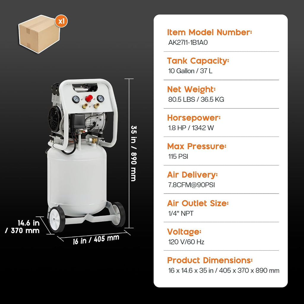 Albott 10 Gallon Electric Air Compressor, 1.8 HP Vertical Wheeled Tank | Oil-Free Air Compressor with Copper Motor 115 PSI Max Pneumatic Tool Tire Inflation Use