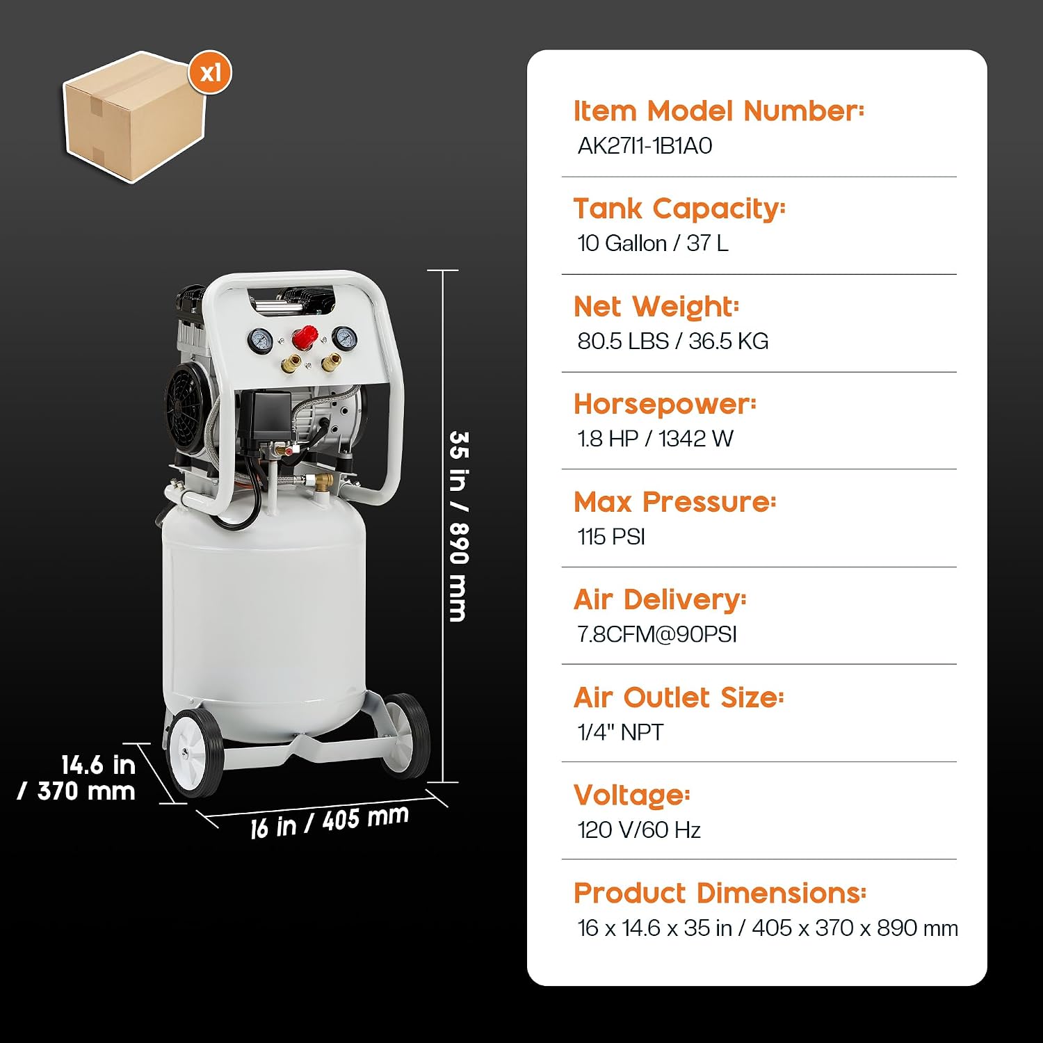 Albott 10 Gallon Electric Air Compressor, 1.8 HP Vertical Wheeled Tank | Oil-Free Air Compressor with Copper Motor 115 PSI Max Pneumatic Tool Tire Inflation Use