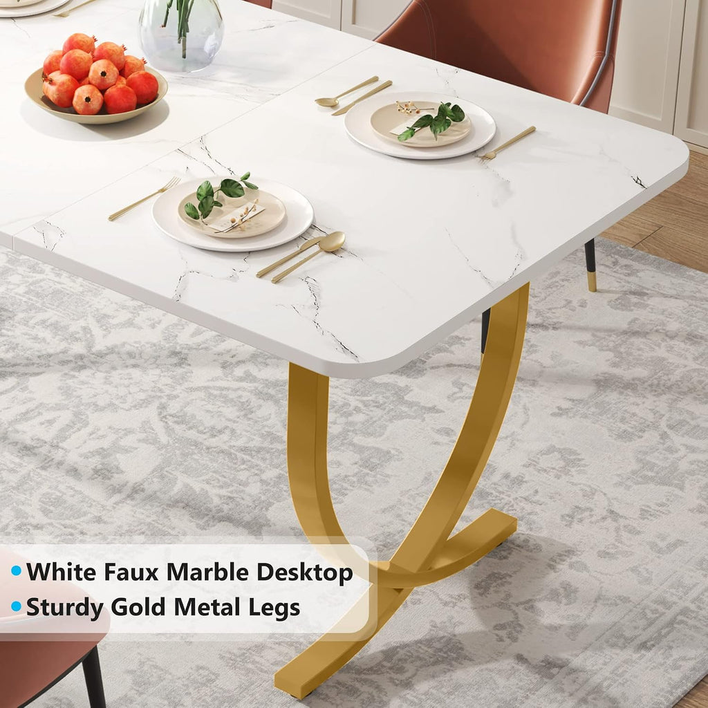 LITTLE TREE Dining Room Table, Kitchen Table with Faux Marble Table Top and Gold Metal Legs