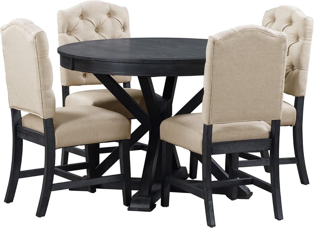 Bellemave Extendable Dining Table Set for 4, 5-Piece Round Table Set with 4 Chairs, Circle Table with Upholstered Chairs, Oval Kitchen Table Set with Extendable Table (Espresso)