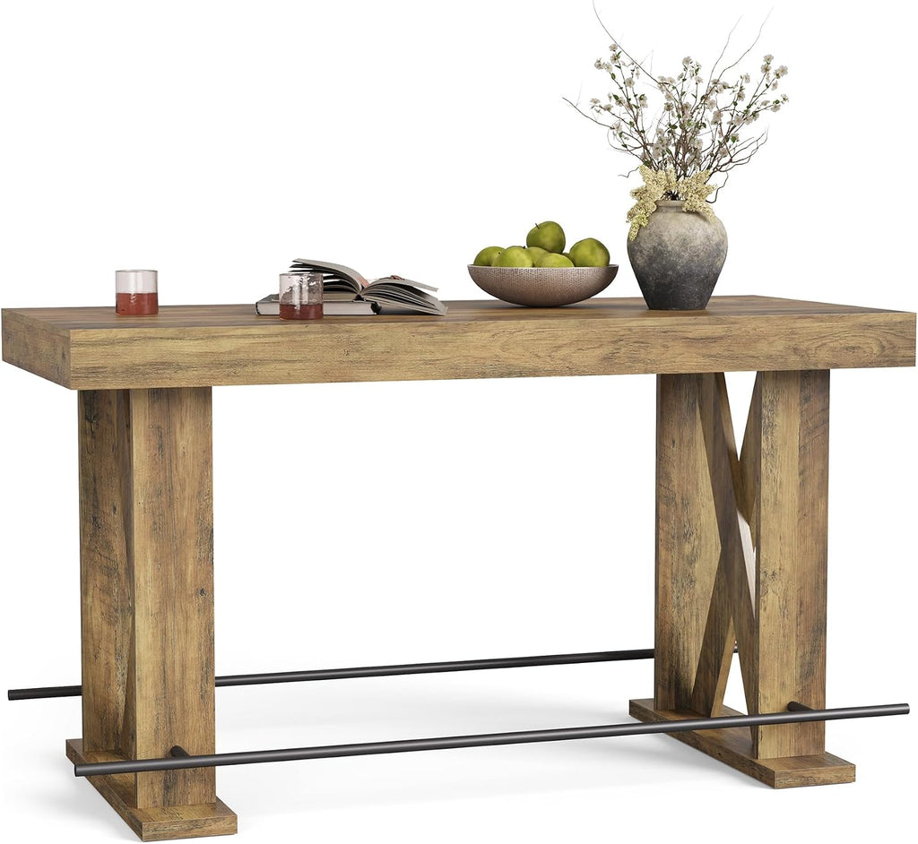 LITTLE TREE 63-Inch Industrial Bar Table with Metal Footrest, Kitchen Pub Table with Sturdy and Heavy Duty X-Base, for Dining Room, Living Room, Home Bar (Mocha, 1)