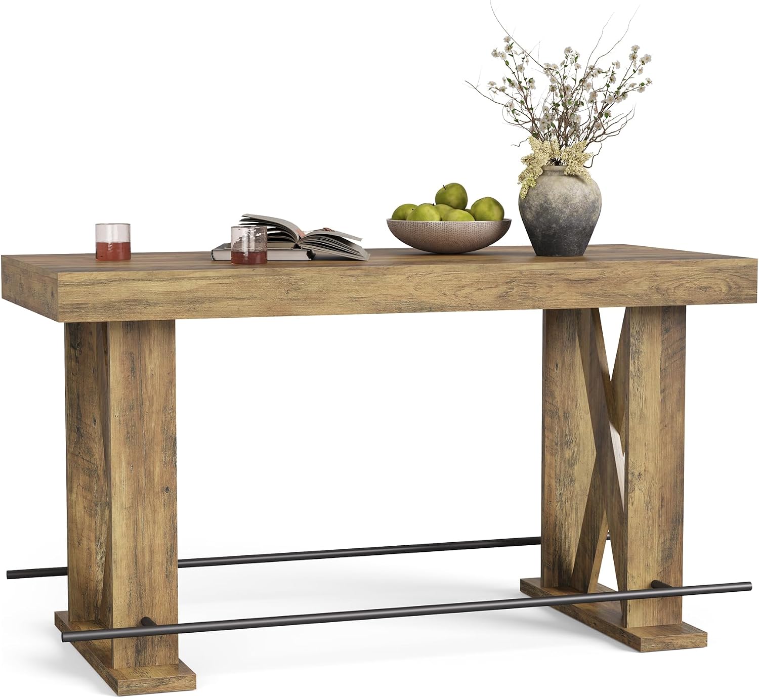 LITTLE TREE 63-Inch Industrial Bar Table with Metal Footrest, Kitchen Pub Table with Sturdy and Heavy Duty X-Base, for Dining Room, Living Room, Home Bar (Mocha, 1)