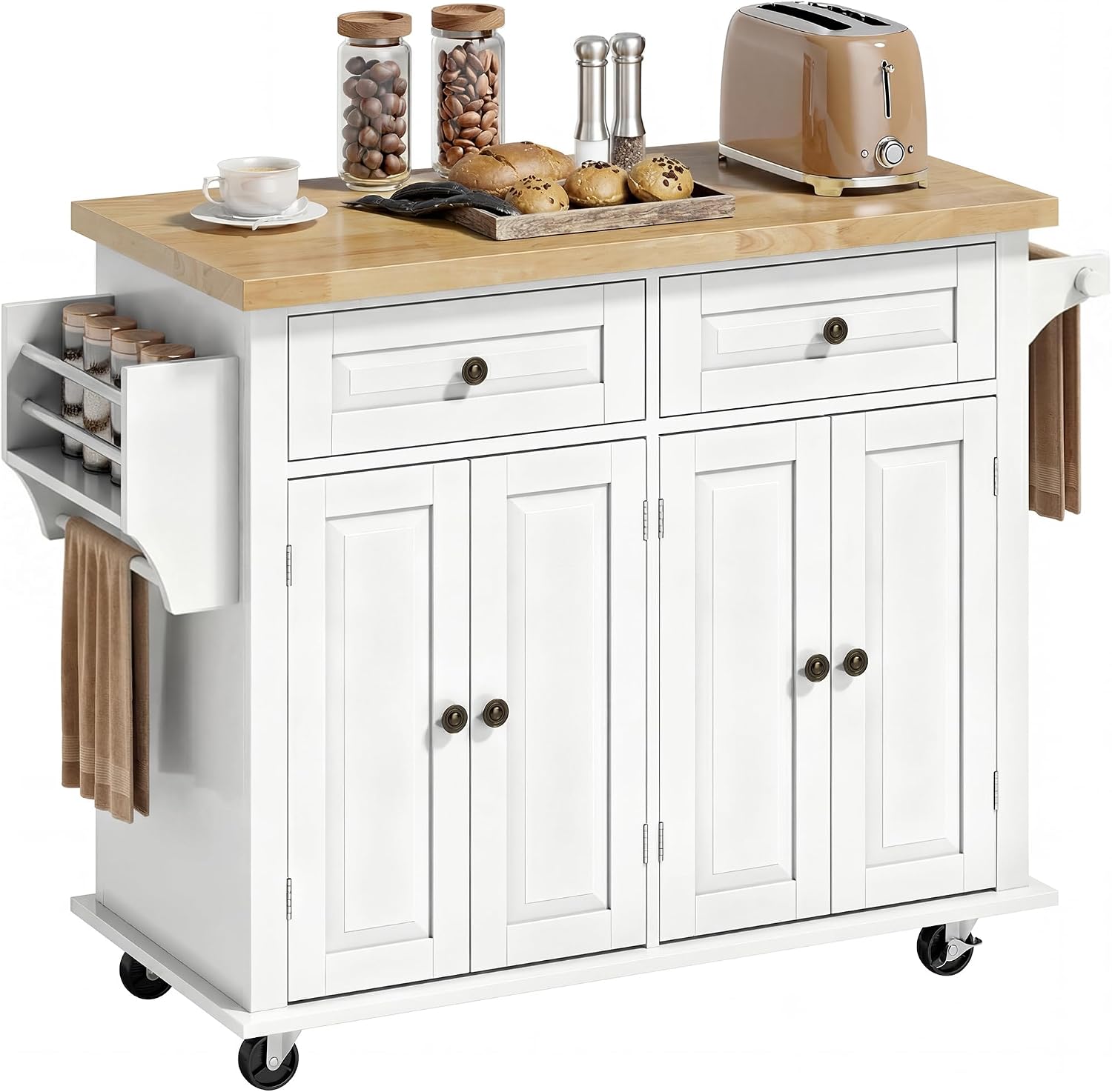 HOMCOM Kitchen Island Cart with Solid Wood Top, 44' Mobile Kitchen Island Table on Wheels with Storage Cabinets, 2 Drawers, Adjustable Shelves, Spice Rack & Towel Bar for Dining Room, White