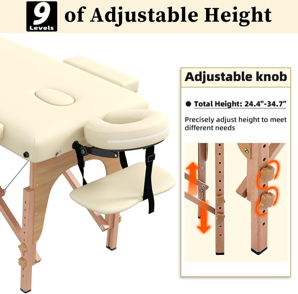 civama Massage Table Massage Bed Portable, 29 LBs Light Weight Foldable Tattoo Facial Care Spa Lash Bed Aluminum Frame with Accessories Carrying Bag, Beige