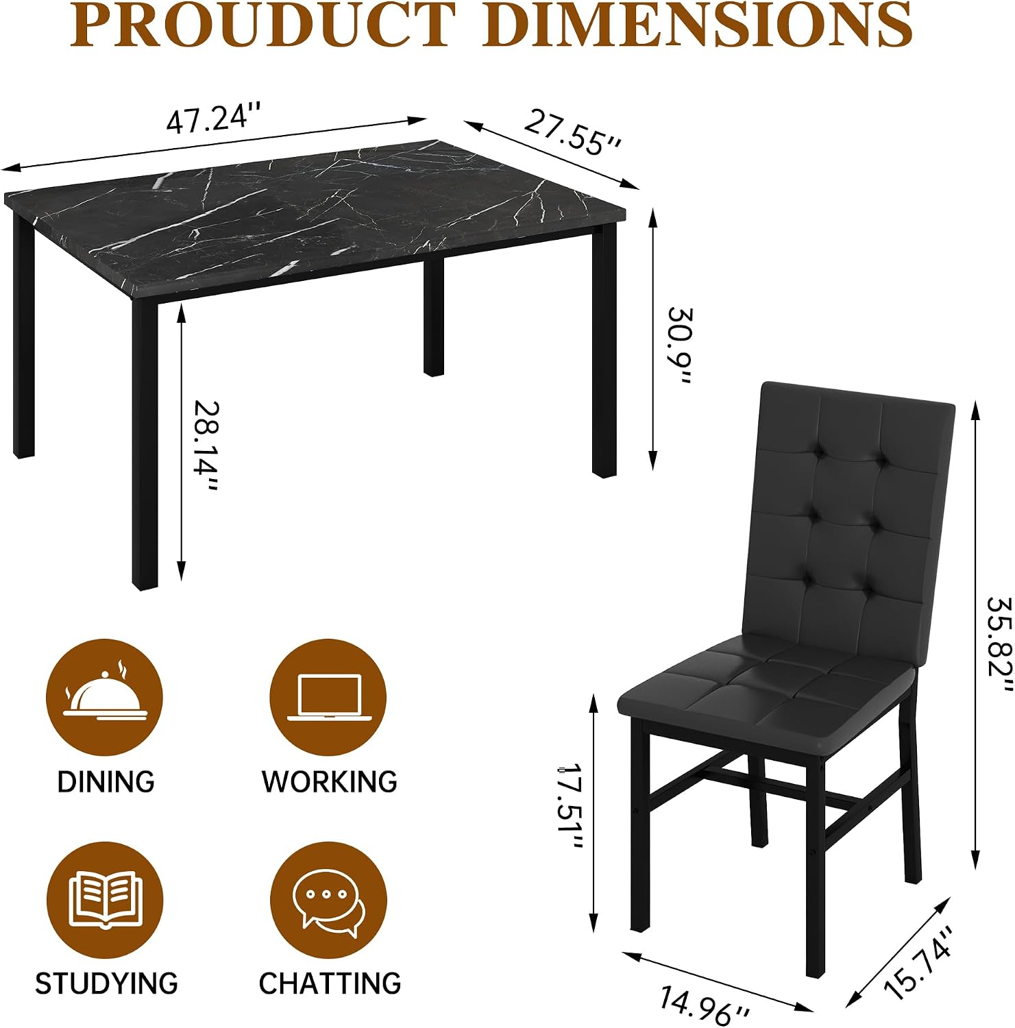AWQM Dining Table Set for 4,Faux Marble Kitchen Table and Chairs Set of 4, Modern Dining Room Table Set for 4,Dinner Table with 4 Leather Chairs, Dinette Set for Small Spaces (Black&Black)