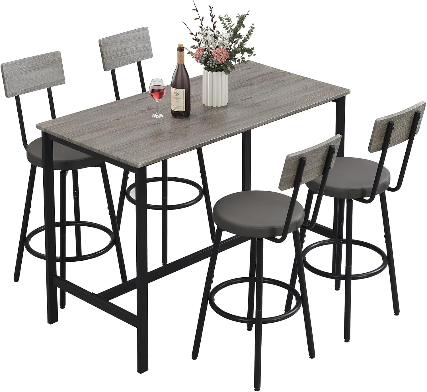 Zevemomo Dining Table Set for 4, 5-Piece Bar Table Set, Kitchen Table and Chairs, Counter Height High Top Table with 4 PU Upholstered Stools, Space-Saving Pub Table Sets for Small Space, Gray