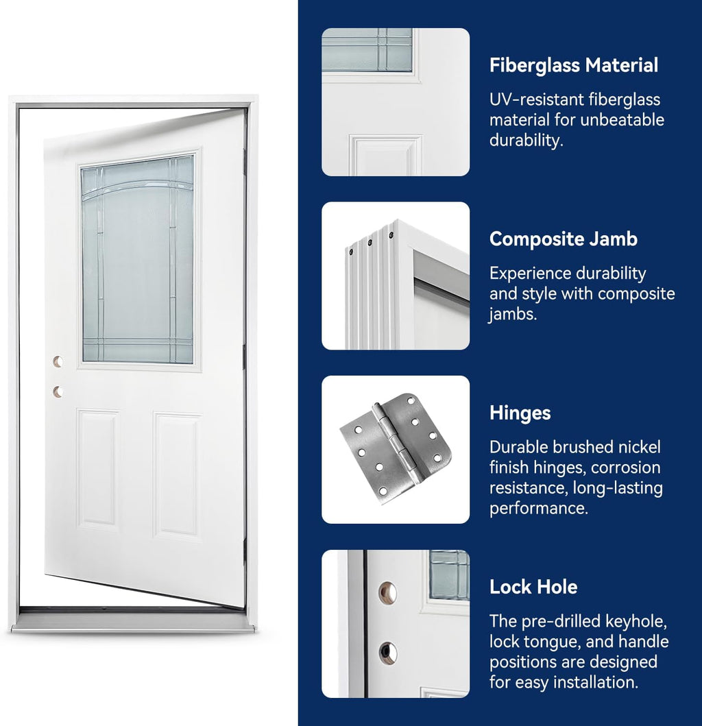 Durable 36 in. x 80 in. Composite Fiberglass Entry Door – 1/2 Lite 2-Panel Decorative Glass, Prehung Exterior Front Door, Right-Hand Inswing, Finished White, Ready to Install