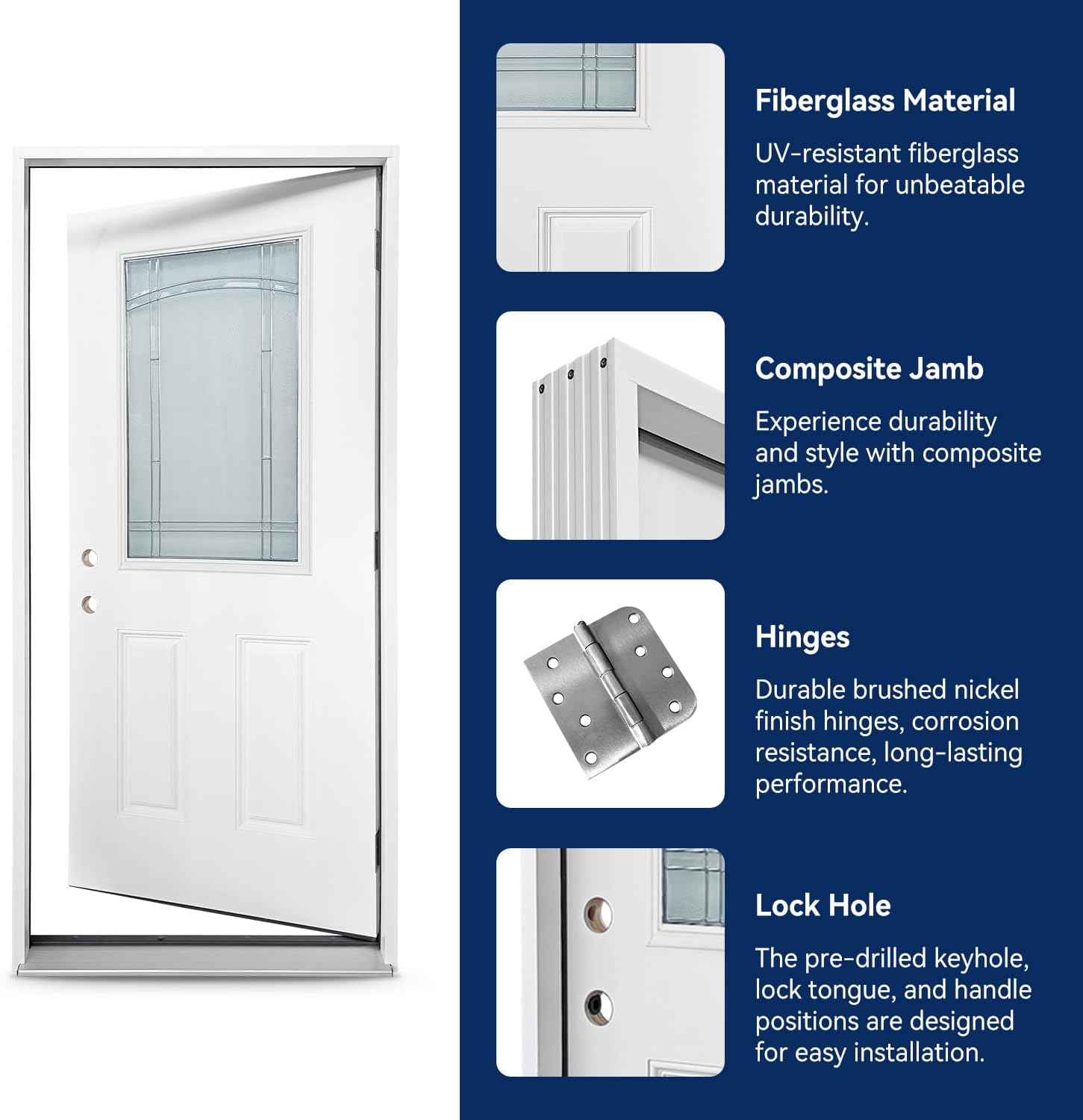 Durable 36 in. x 80 in. Composite Fiberglass Entry Door – 1/2 Lite 2-Panel Decorative Glass, Prehung Exterior Front Door, Right-Hand Inswing, Finished White, Ready to Install