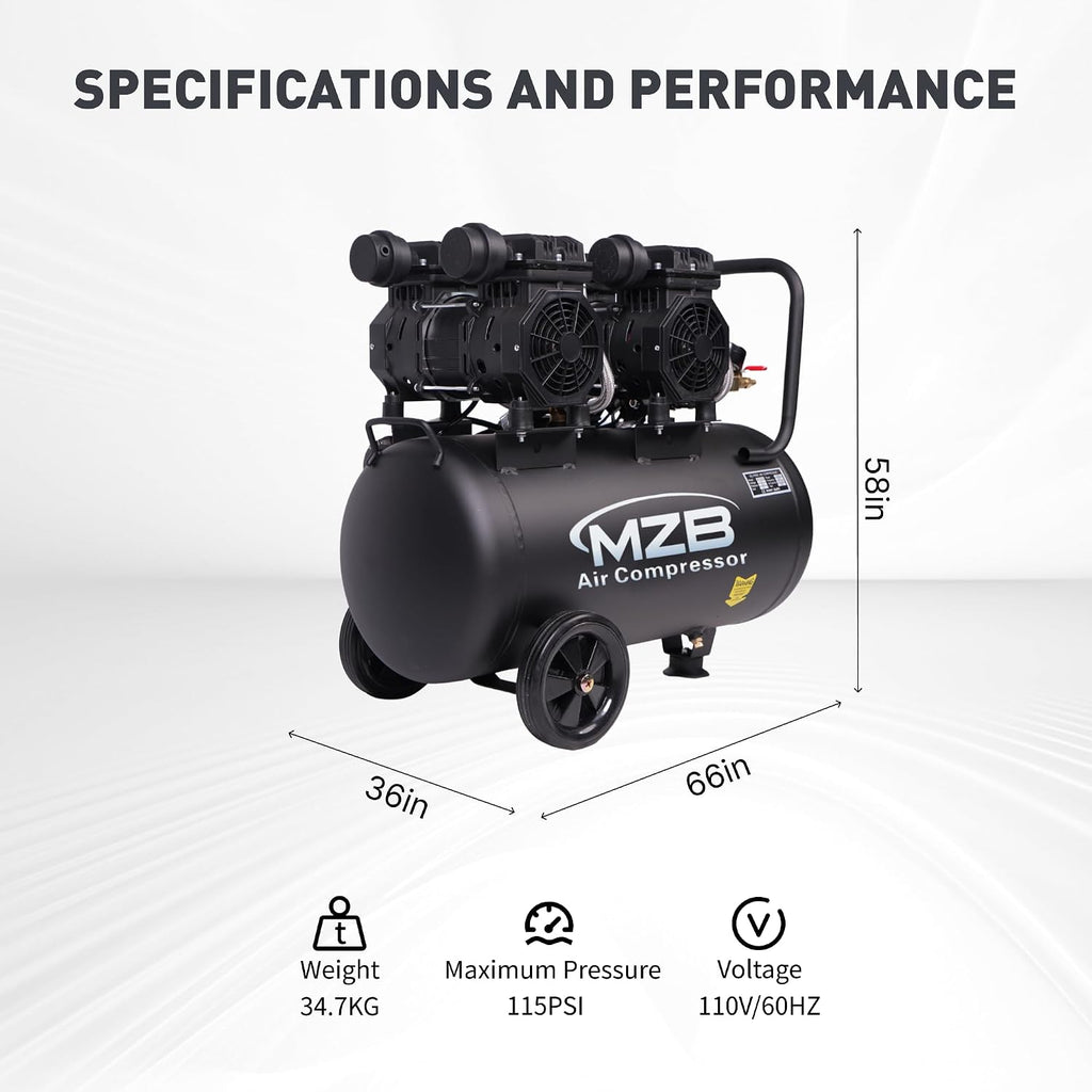 13.2 Gallon Ultra Quiet Air Compressor 115PSI Steel Tanks 70dB Noise Level Oil Free Air Compressor