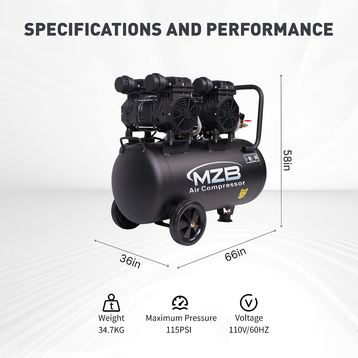 13.2 Gallon Ultra Quiet Air Compressor 115PSI Steel Tanks 70dB Noise Level Oil Free Air Compressor