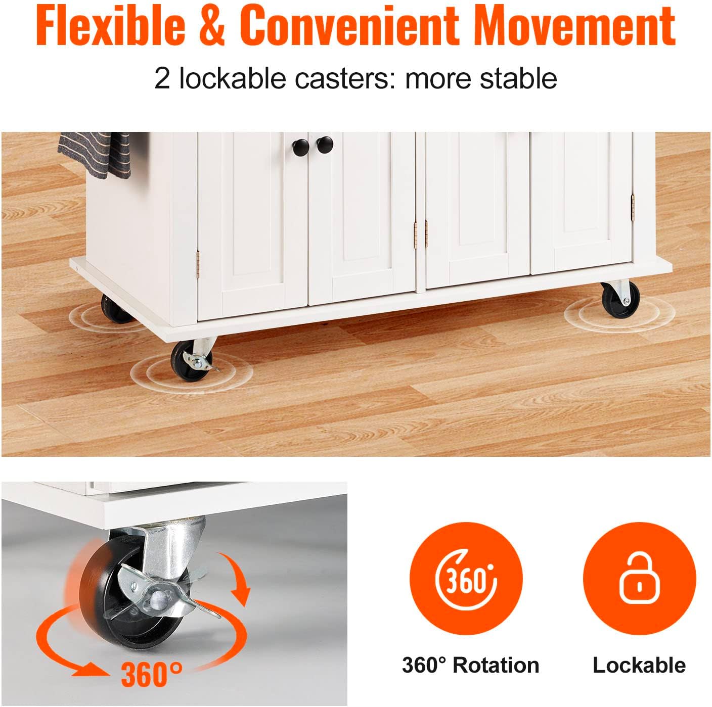 VEVOR Kitchen Island Cart with Solid Wood Top, 35.4' Width Mobile Carts with Storage Cabinet, Rolling Kitchen Table with Spice Rack, Towel Rack, and Drawer, Portable Islands on Wheels, White