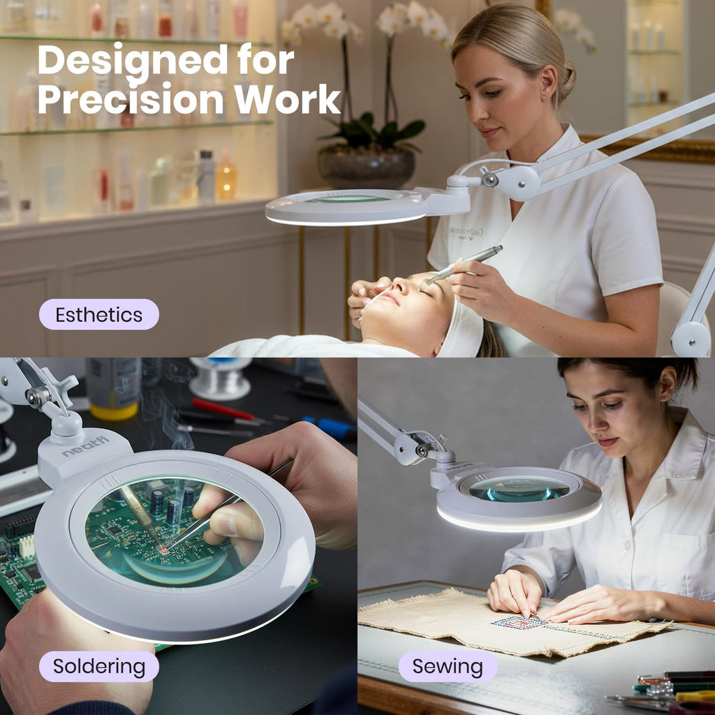 Neatfi XL LED Magnifying Lamp, Hands-Free, Dimmable, Crafts, Reading, Close Work (White, Non-CCT with Base)