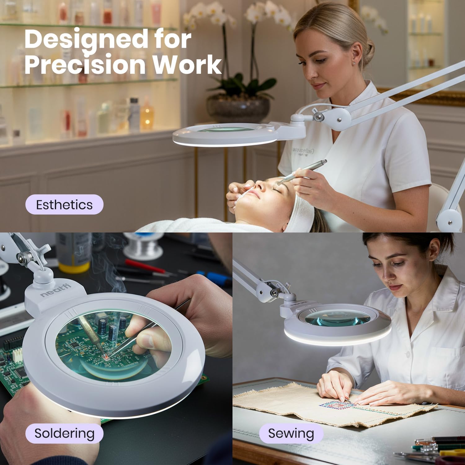 Neatfi XL LED Magnifying Lamp, Hands-Free, Dimmable, Crafts, Reading, Close Work (White, Non-CCT with Base)
