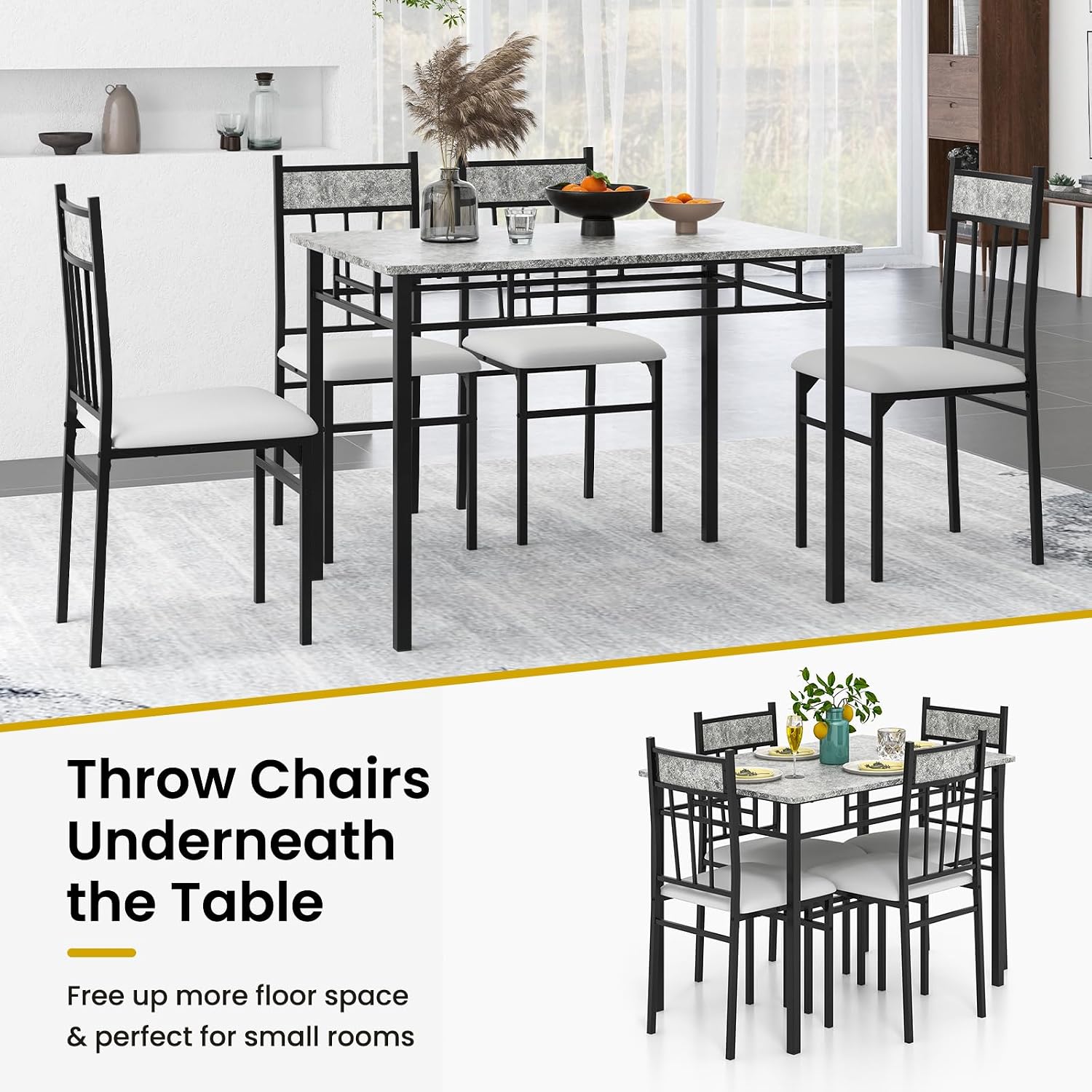 Tangkula Dining Table Set for 4, Kitchen Table and Chairs Set with Metal Frame & Padded Seat, Dining Table and Chairs Set of 4 for Dining Room, Space Saving
