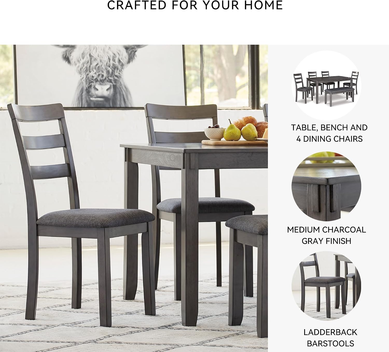 Signature Design by Ashley Bridson Dining Table Set For 6 With Bench, Wood 6‑Piece Kitchen Table And Chairs With Upholstered Seats, Transitional Charcoal Gray Dining Room Collection For Family Meals