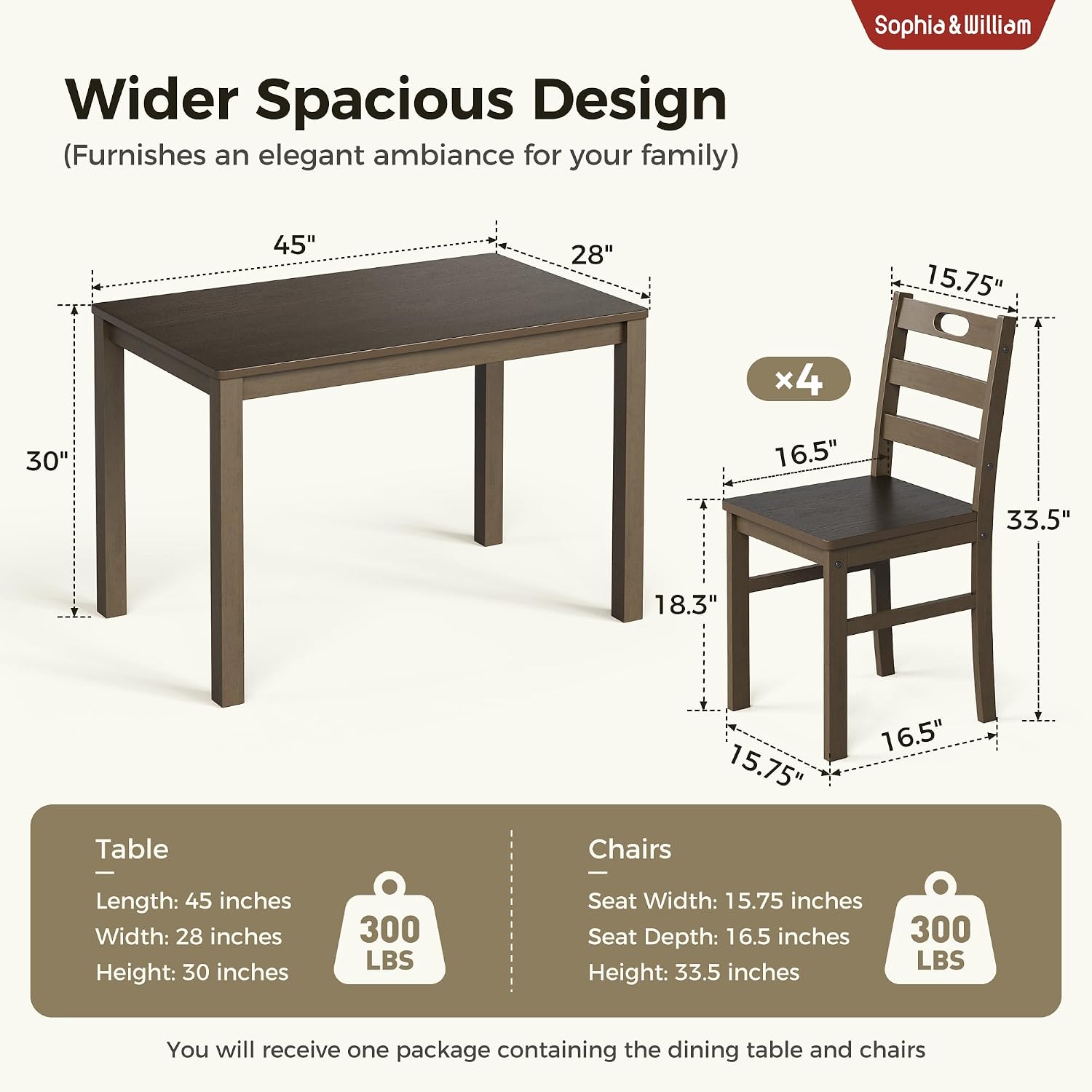 Sophia & William 5 Piece Dining Table Set for 4, Wood Kitchen Table and Chairs,Space-Saving Farmhouse Dining Sets,Dark Walnut