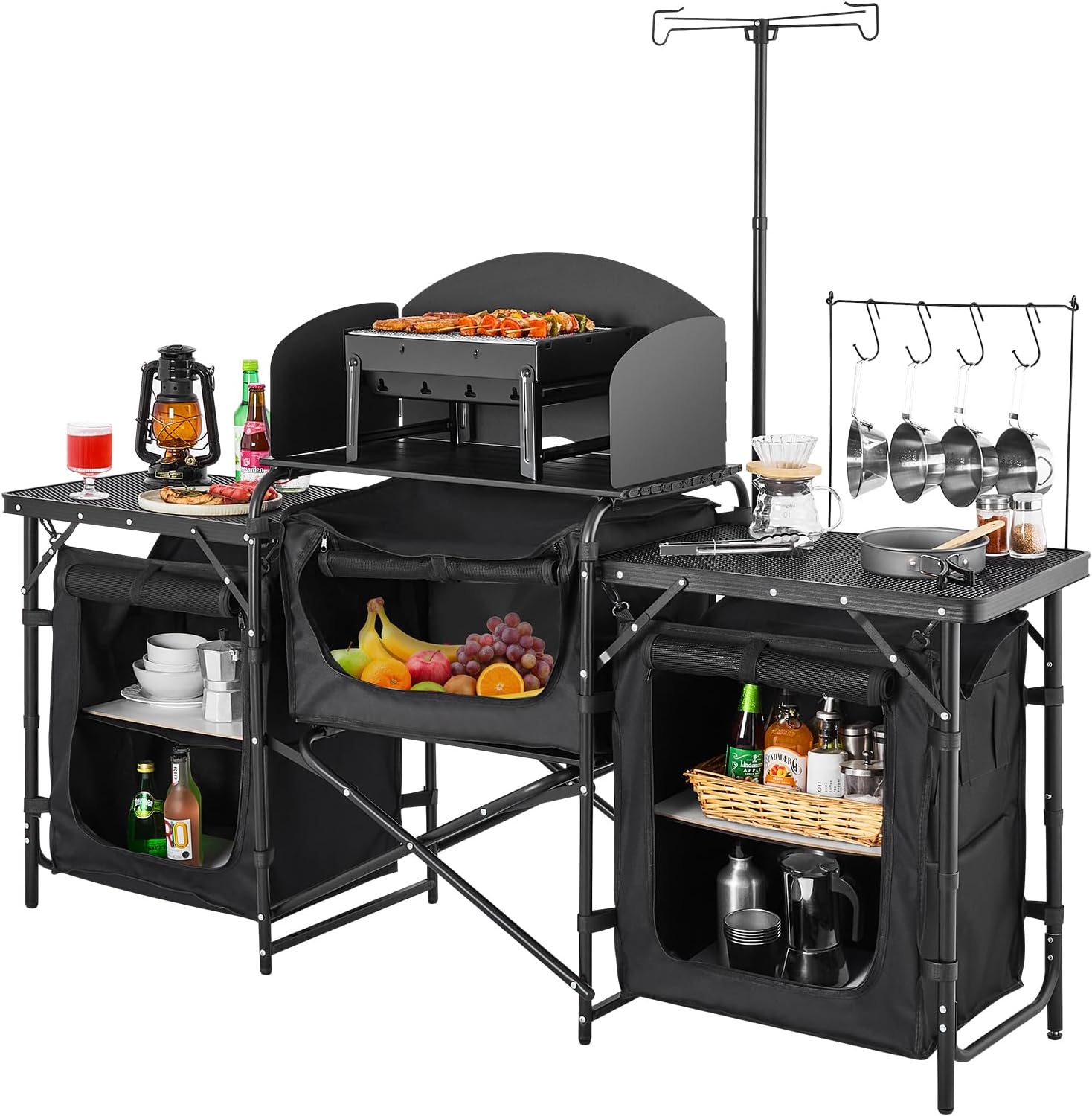 VEVOR Camping Kitchen Table, Outdoor Camp Cooking Table, Aluminum Portable Cook Station with 3 Storage Cupboard, Carrying Bag, Detachable Windscreen, Quick Set-up for BBQ Party Picnic RV Travel, Black