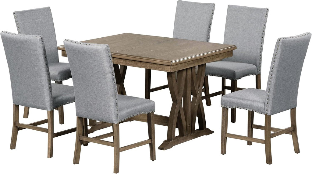 Merax Mid-Century 7-Piece Dining Table Set, Extendable Kitchen Table Set with Upholstered Chairs Set for 6, Golden Brown+Gray