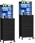 Furnulem Nightstands Set of 2, Tall Night Stand with Charger Station and USB Ports, 4 Fabric Drawers and Led Lights, Bed Side Table for Bedroom/Dorm/Office, Black Oak