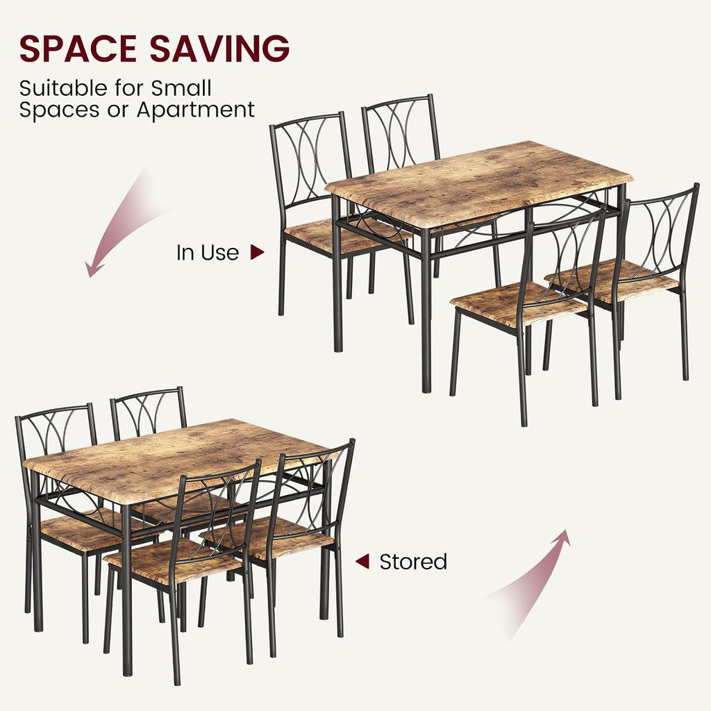 Garvee 5-Piece Wood Dining Table Set for 4, Rectangular Kitchen Table Set with 4 Chairs, Space-Saving Dining Table Set for Apartment, Studio, Kitchen, Small Space, Brown