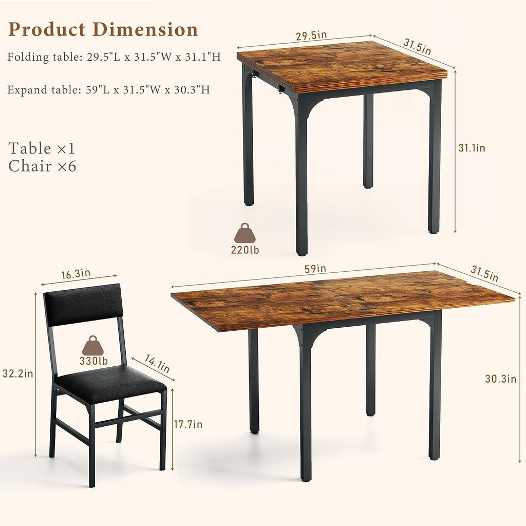 7-Piece Dining Table Set for 4-6, Extendable Kitchen Table Cushion Chairs Set of 6 with 6 Chairs, Rectangle Dining Table with Metal Frame & MDF Board, Folding for Small Apartment Saving Space, Rustic