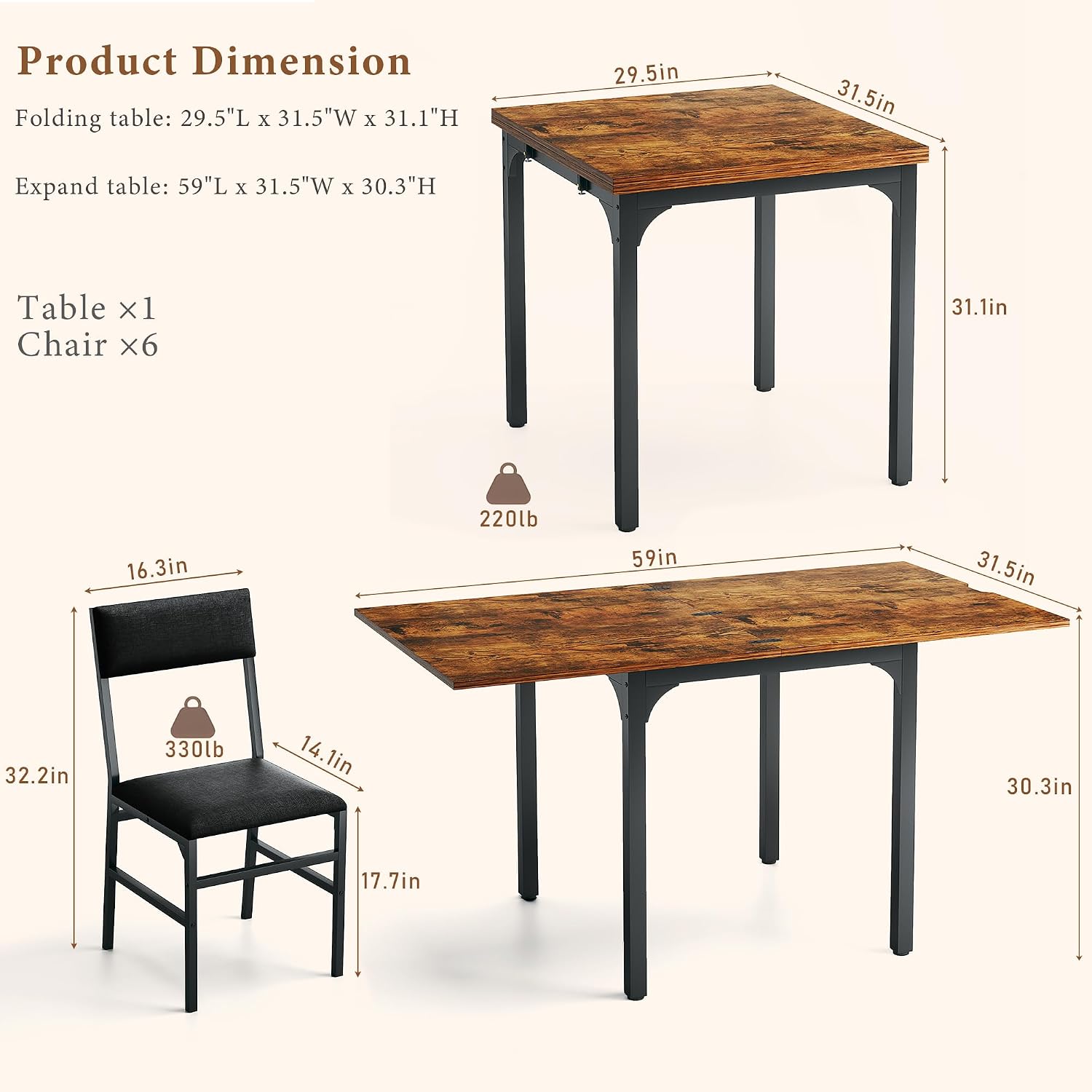 7-Piece Dining Table Set for 4-6, Extendable Kitchen Table Cushion Chairs Set of 6 with 6 Chairs, Rectangle Dining Table with Metal Frame & MDF Board, Folding for Small Apartment Saving Space, Rustic