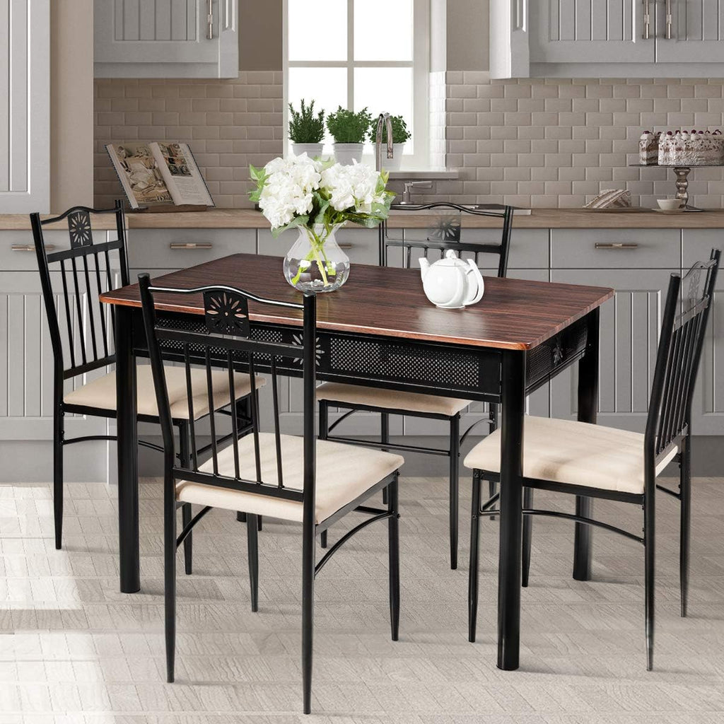 Tangkula 5 Pieces Dining Table and Chairs Set, Vintage Retro Wood Top Metal Frame Padded Seat Dining Table Set Home Kitchen Dining Room Furniture